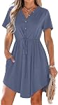 MISFAY Robe d'été pour femmes Manche courte en col V Mini Robe avec Pocket.Conception de bouton fonctionnelle,Tranche réglable,Poches pratiques, Robe de T-shirt