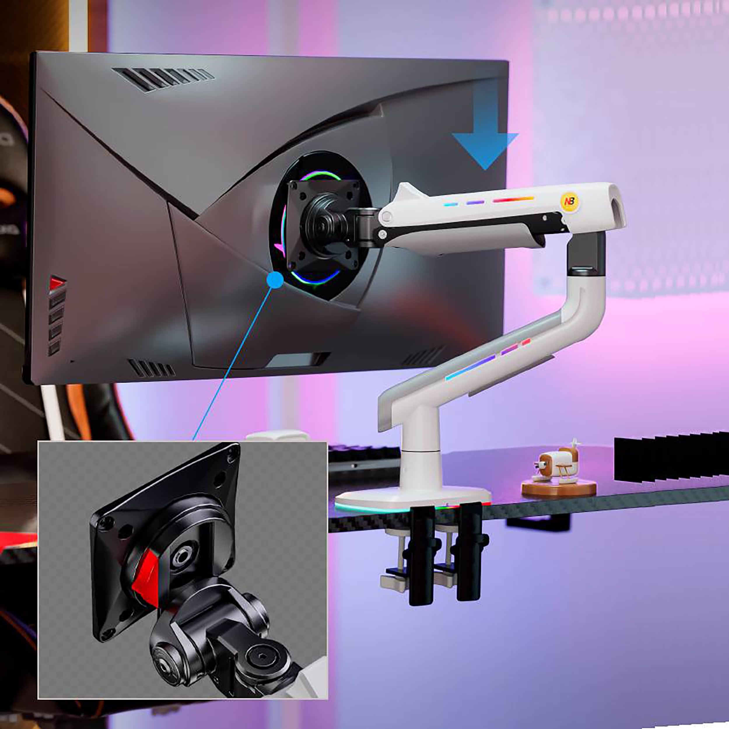 NB Ergonomic RGB Braccio Monitor per da 32 a 60 Pollici Schermo Piatti Ultrawide Curvi, Supporto per Monitor Resistente Carico fino a 20 kg VESA 75&100 mm (Bianco)