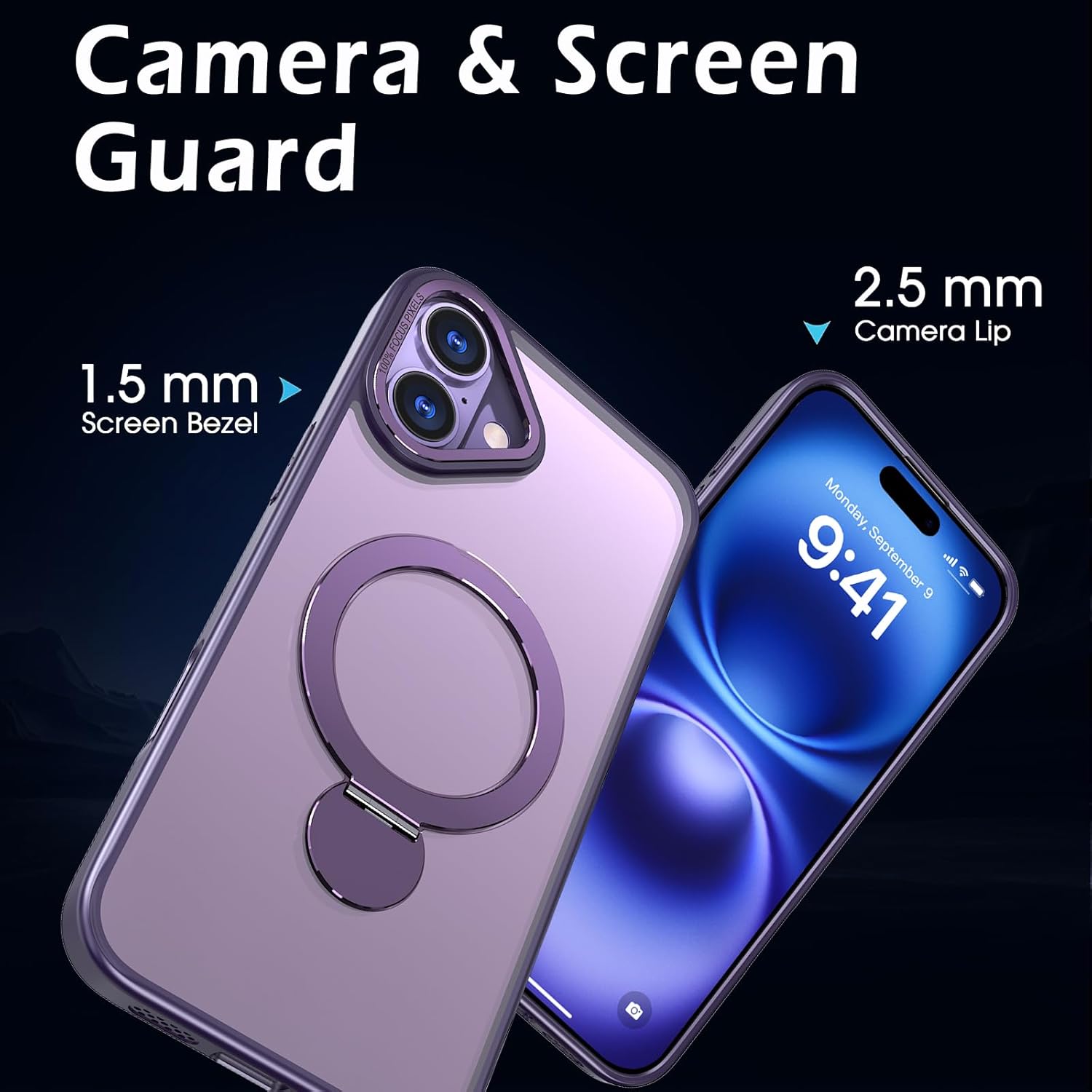 IYH Magnetic Case for iPhone 16 6.1 inches, 360° Rotatable Ring Stand, MagSafe Compatible, Military-Grade Shockproof, Translucent Design Skin-Feel TPU Frame(Purple)
