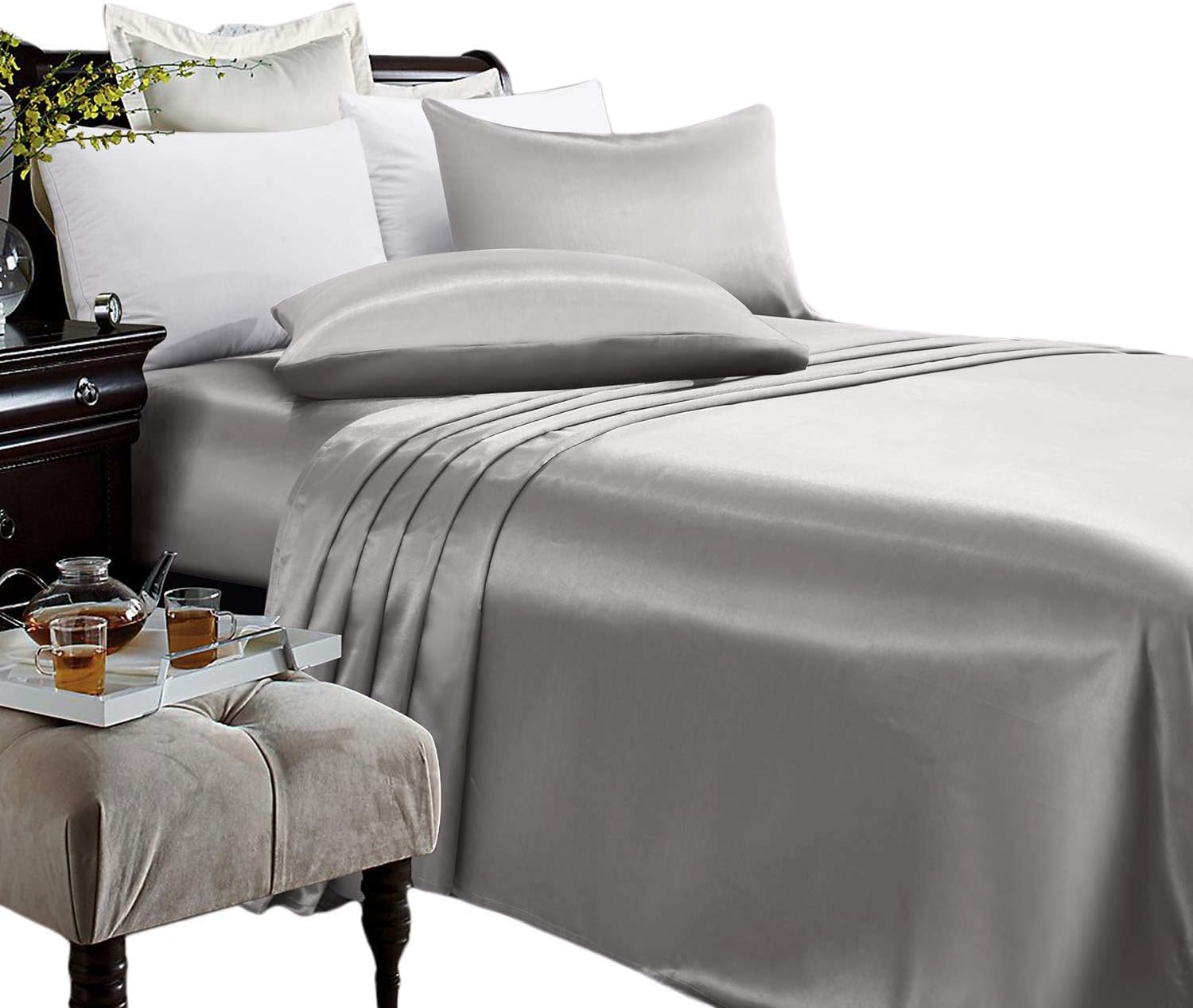 Anex Linen Satin Bed Sheets Set- 4 Piece Bedding Set, High Thread Counts, 100% Satin King Light Grey Sheet Set Ultra Soft, Silky Satin Bed Sheet Set with Pillowcase 16" Deep Pocket (King, Light Grey)