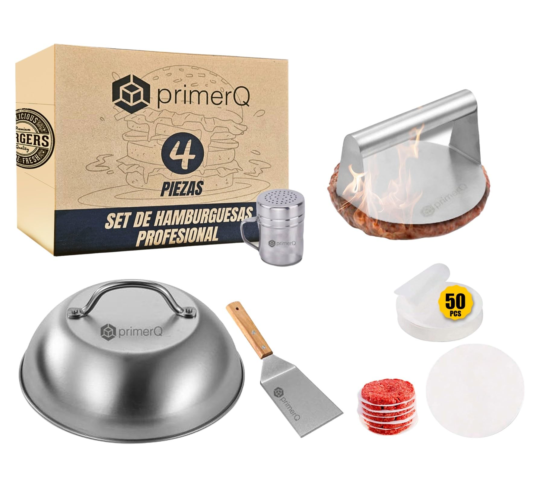 Smash Burger Set XL Profesional - Kit 5 Piezas utensilios de Acero Inoxidable + 50 Papeles Antiadherente - Certificado EU alimenticio - Prensa Hamburguesa - Smasher Premium -mazos carne