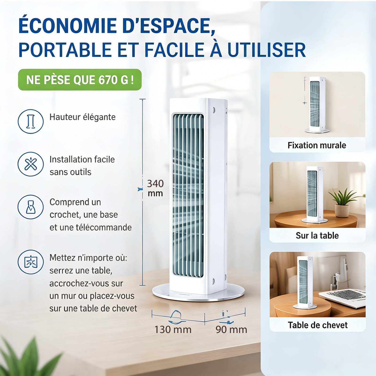 Breezamax – Qinux Breeza Max Climatiseur Portable, Rafraichisseur d'Air Réversible Mural et Bureau, Climatiseur Tactile Silencieux avec Télécommande, Version 2026 (Blanc)