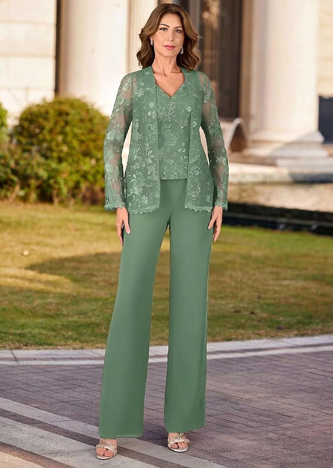3PC Lace Mother of The Bride Pant Suits Long Sleeve Wedding Guest Pants Suit Formal Pantsuits for Women Dressy