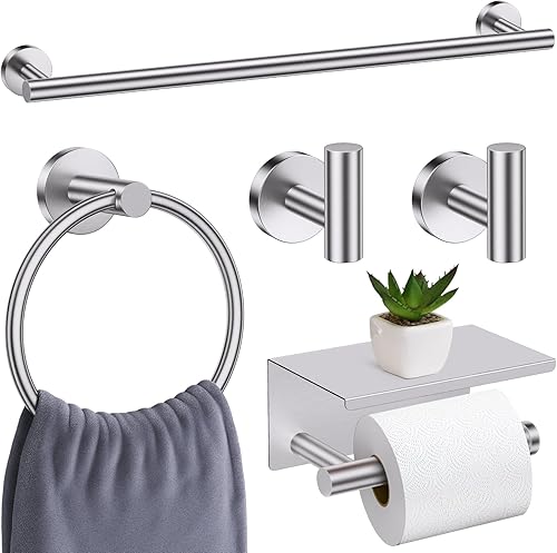 Miniatura 14 de Juego de 5 accesorios de baño negro mate, juego de toallero de 23.6 pulgadas, soporte de papel higiénico de acero inoxidable, toalleros redondos