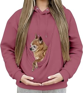 Cat Pouch Hoodie for Women Long Sleeve Kangaroo Pocket Dog Pouch Sweatshirts Pet Carrier Pullover Animal Holder