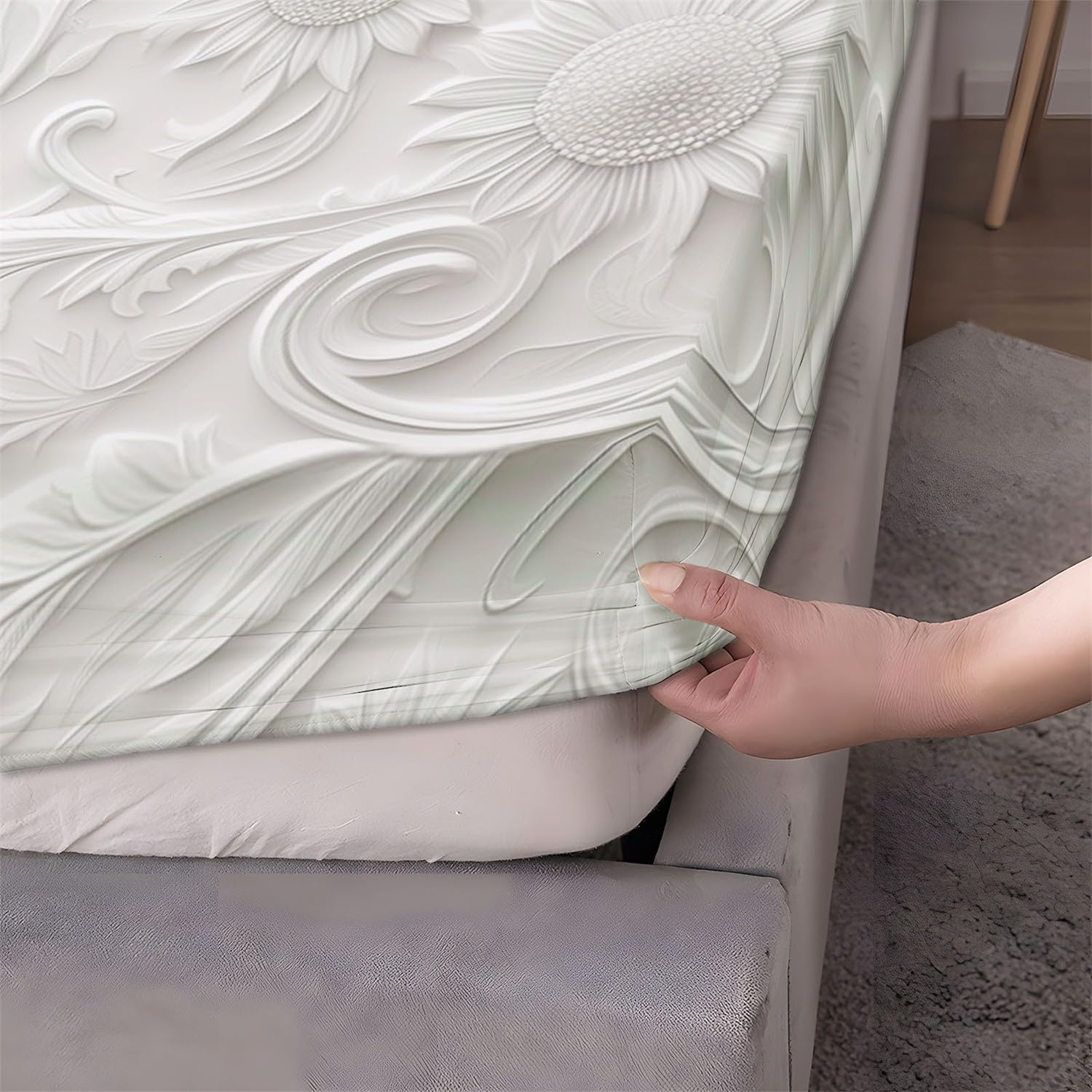 Lenzuolo con angoli profondi stampato con piccoli fiori bianchi con angoli stampati 3 pezzi con 2 federe Lenzuola in tessuto microfibra spazzolato extra morbido bianco, 160 x 200 + 30 CM