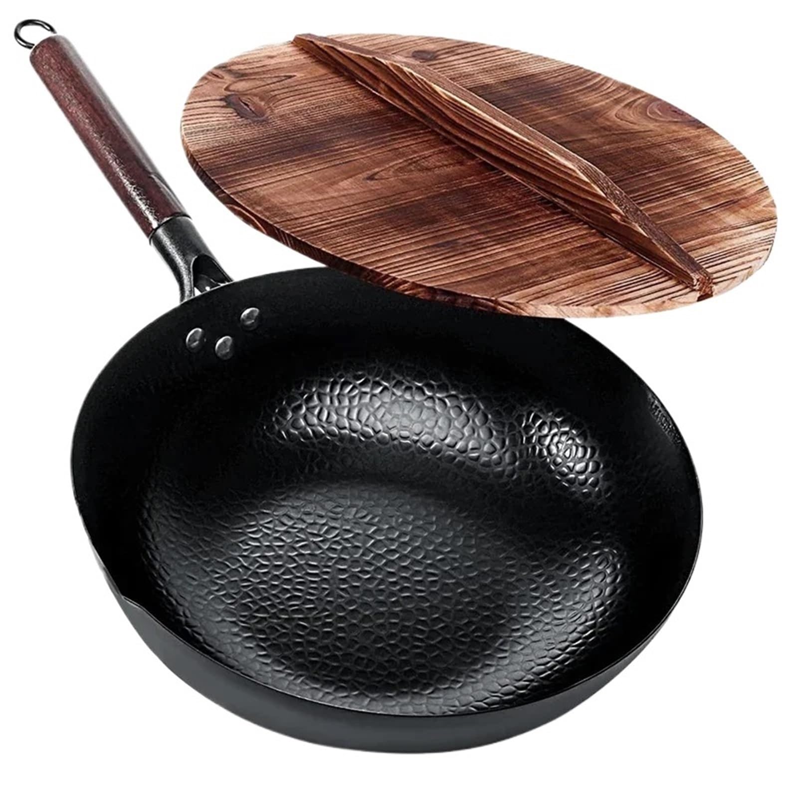 ASerZenith Wok Pan Carbon Steel Wok Pan 32Cm Stir Fry Set With Wooden Lid Non-Stick Flat Bottom Frying Pane,Color 2-32Cm