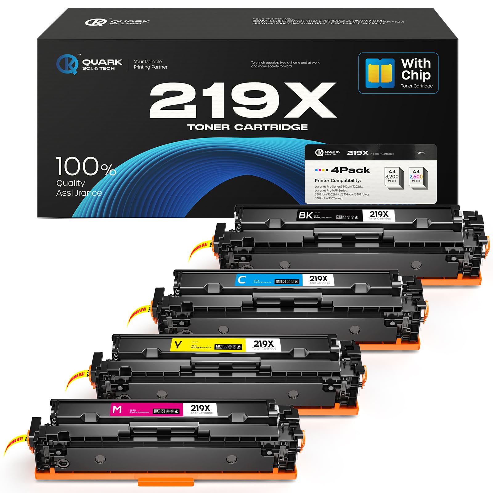Quark Zestaw tonerów 219X (z chipem) kompatybilny z tonerem HP 219X W2190X do HP Color LaserJet Pro MFP 3302FDWG 3302FDW 3302SDWG 3302SDW 3302FDNG 3302FDN 3302DN (czarny, cyjan, magenta, żółty 4 szt.)
