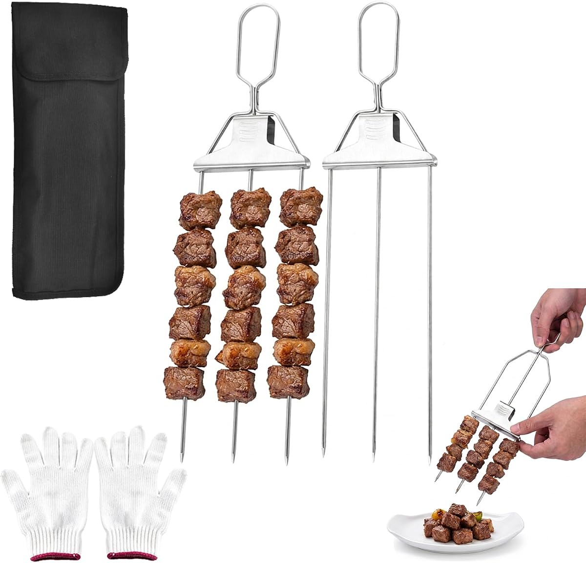 2 brochetas para asar, brochetas de metal para barbacoa de 14,7 pulgadas, brochetas de acero inoxidable de 3 puntas con deslizador de empuje, para pollo, carne, camarones, verduras, herramienta para parrilla al aire libre