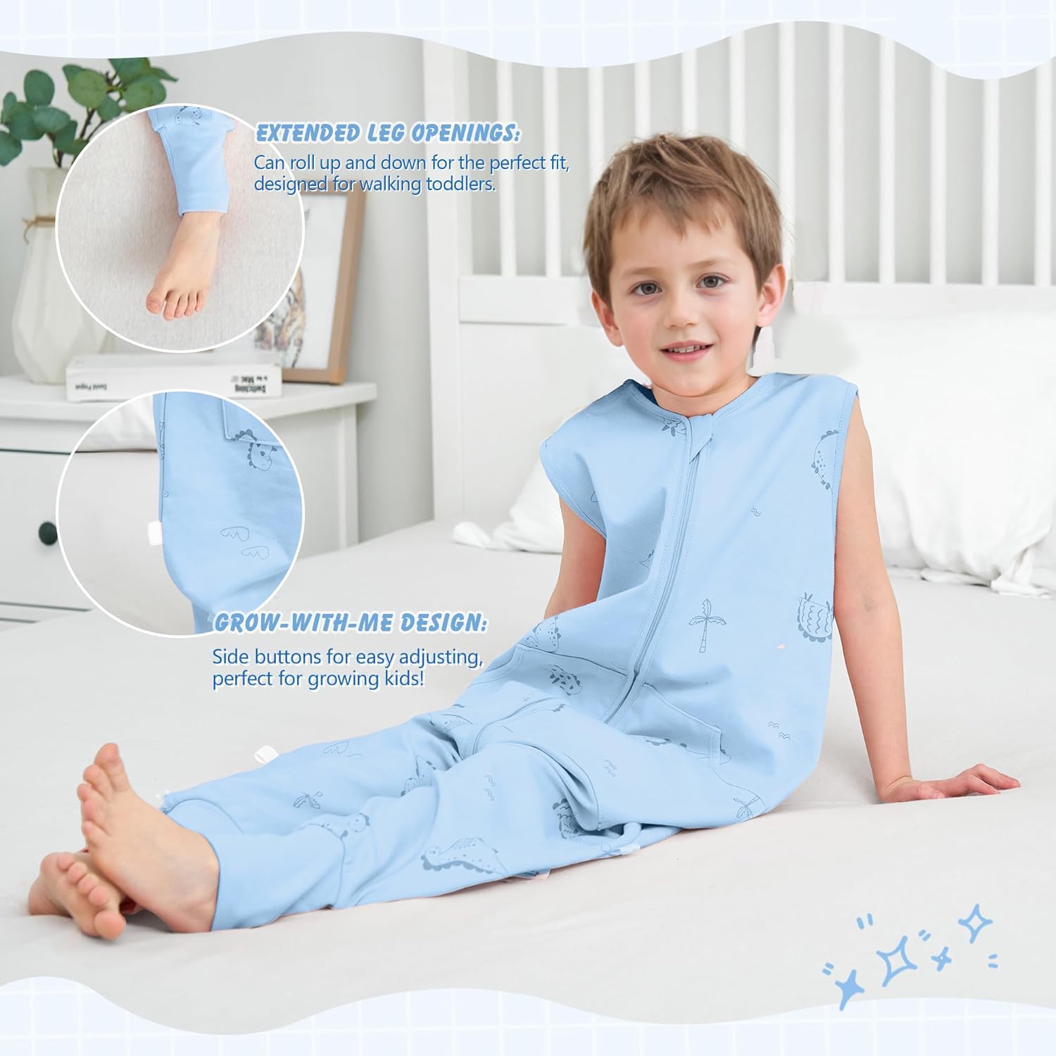 LAT Baby Sleep Sack,Summer Toddler Cotton Sleep Sacks with Legs,Dinosaur for Boys Girls,Baby Wearable Blanket with Zipper