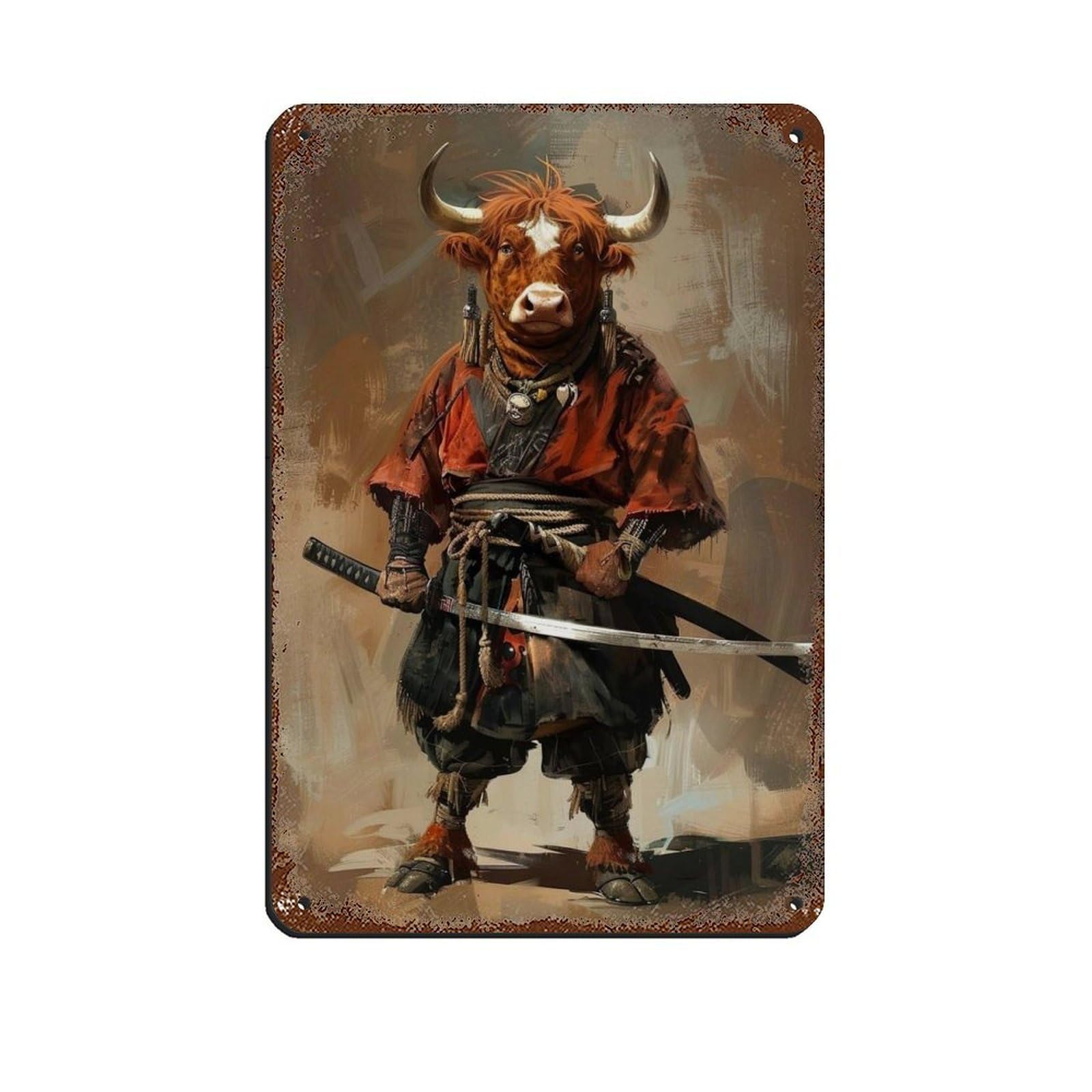 Ninja Highland Cow Holding A Katana Sword Tin Sign Vintage Metal Pub Club Cafe Bar Home Wall Art Decoration Poster Retro 8x12inch(20x30cm)