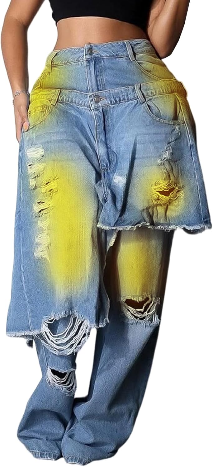 YOOTIKO Womens High Waisted Ripped Jeans Distressed Straight Leg Denim Pants Trendy Stacked Patchwork Jeans