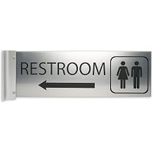 Alpha Dog Unisex Restroom Corridor Sign, 4x12 Left Arrow, Stainless | Double Sided Flag-Mount Hallway Sign with Bracket, High Visibility Both Directions, Made in USA