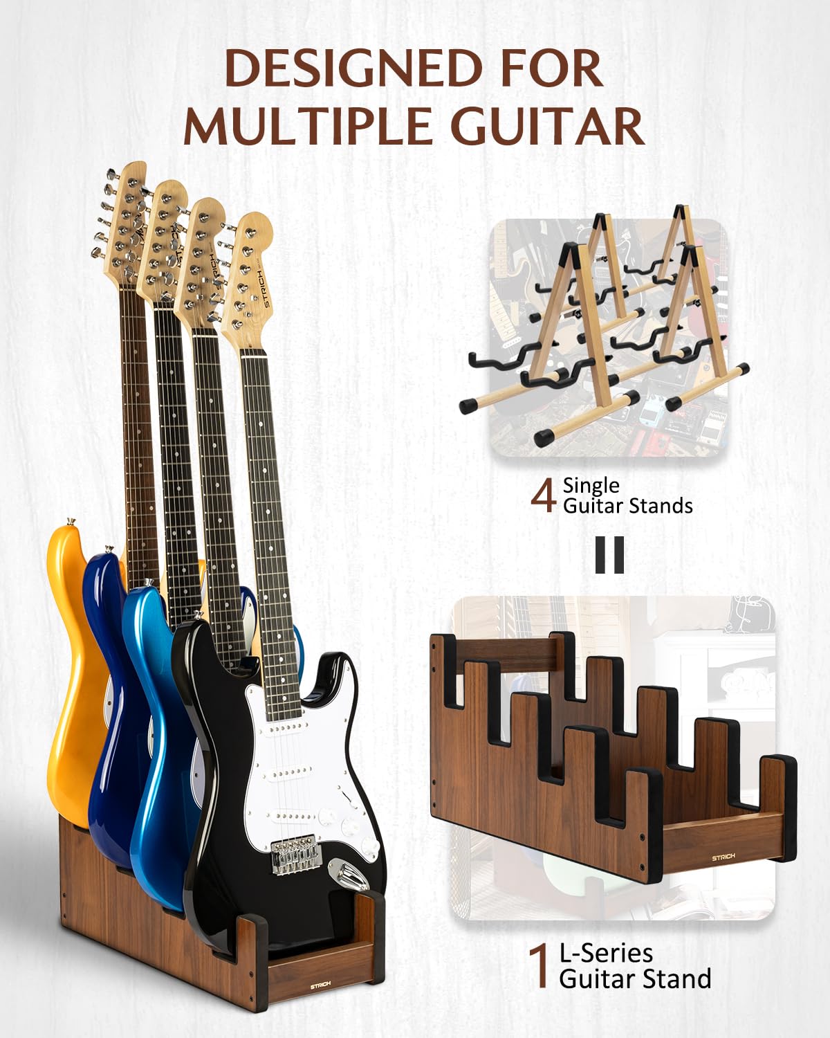 STRICH Support De Guitare En Bois Pour Plusieurs Guitares, Couleur Noyer, L-4EW (Pour 4 Guitares Électriques/Basses