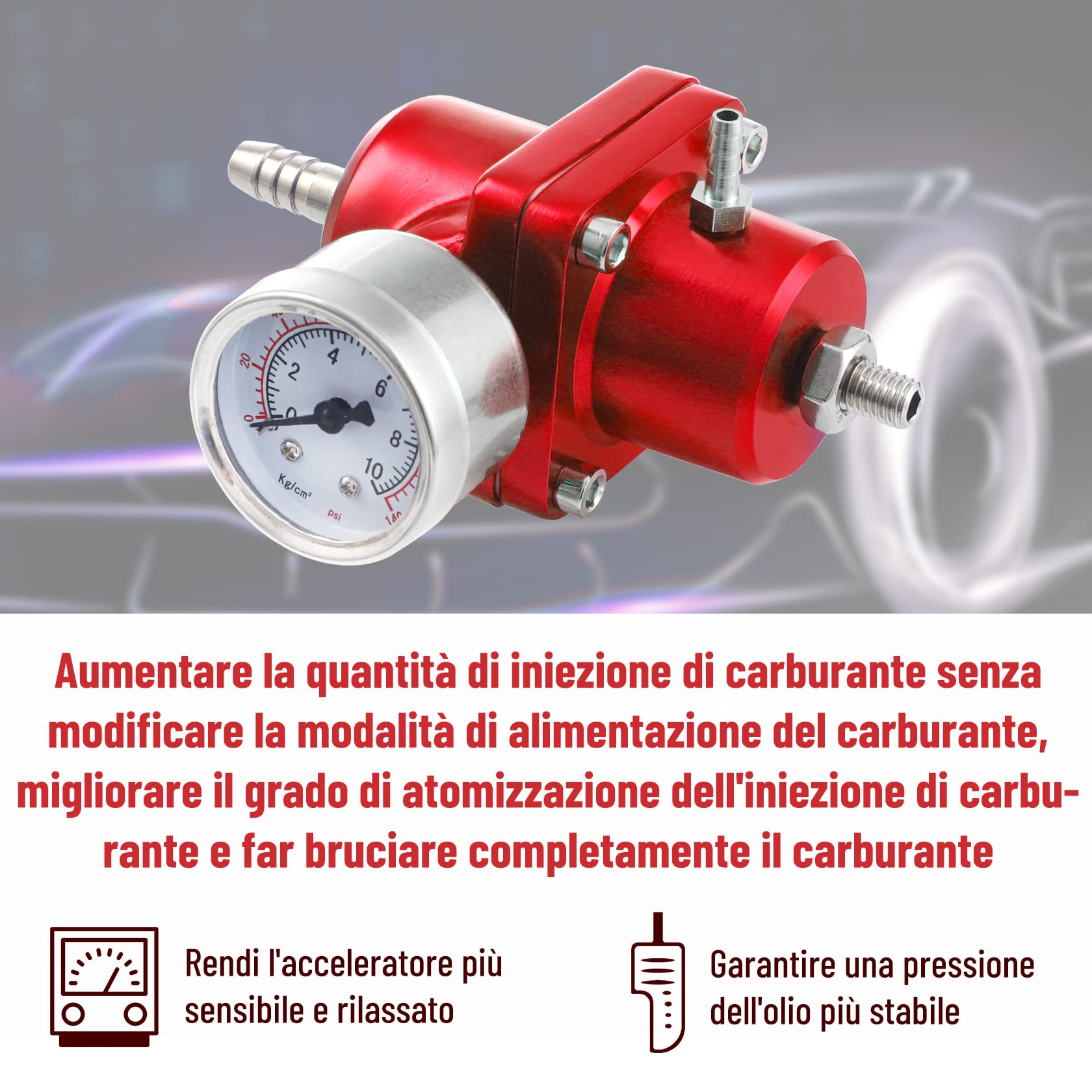 CarBole - Regolatore di pressione del carburante per auto, regolabile, 1-140 PSI, regolatore di pressione benzina in lega di alluminio con manometro e tubo