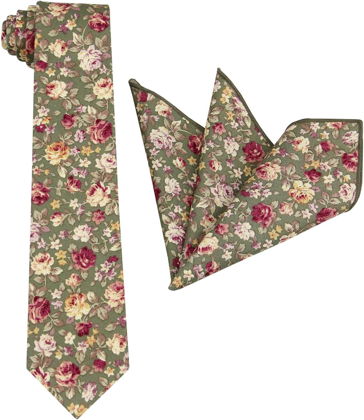 Mens Floral Print Tie Set - Necktie with Pocket Square for Men - Wedding - Groomsmen