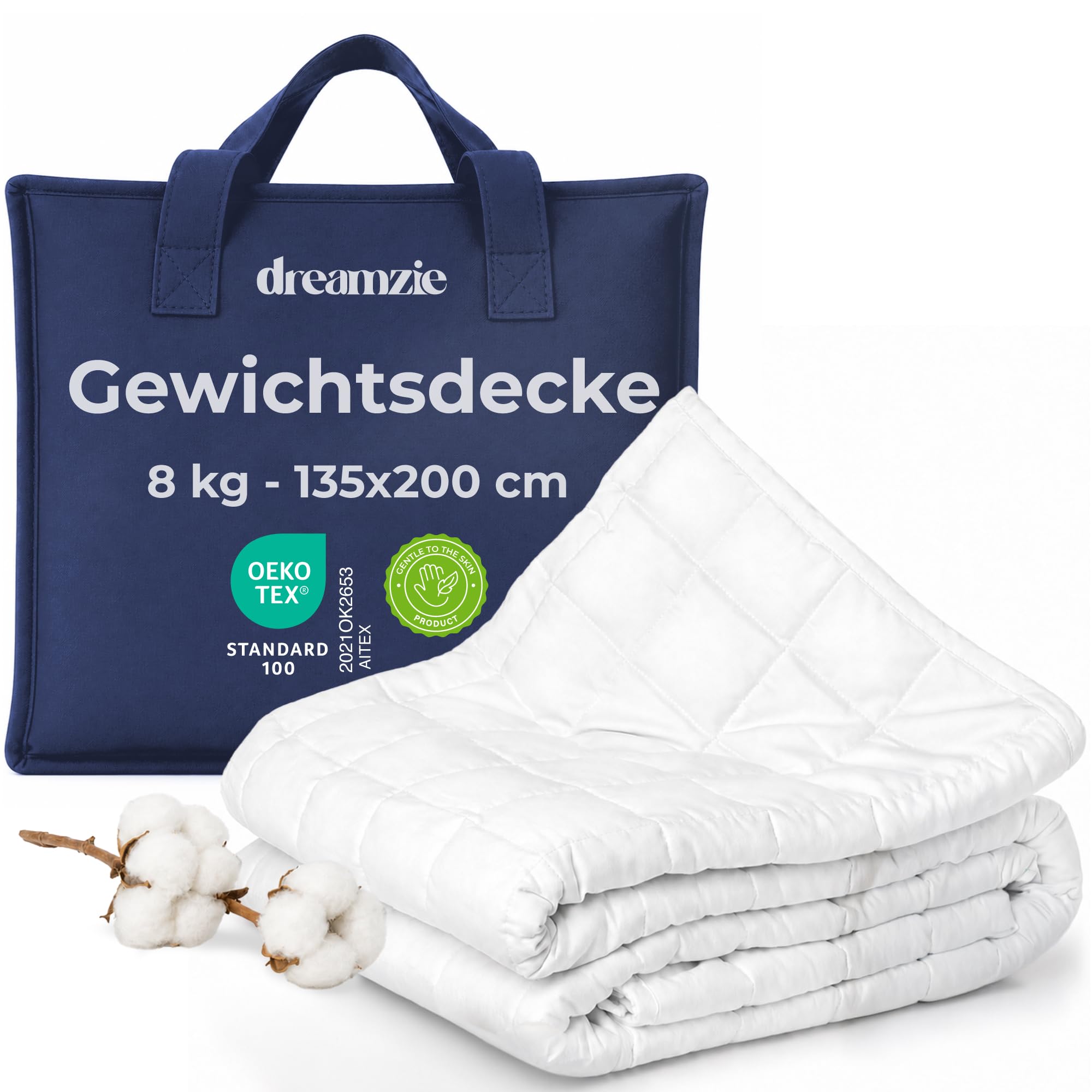 Dreamzie Gewichtsdecke 135x200 - Gewichtsdecke 8kg, Oeko-Tex, mit Bezug aus 100% Baumwolle - Weighted Blanket Decke Zum Schlafen, Oeko-Tex