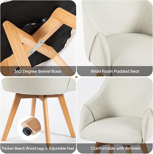 Miniatura 7 de Swivel Dining Chairs Set of 4, Mid Century Modern Dining Chairs with Arms, Fabric Upholstered Kitchen Dining Room Chairs with Wood Legs for Living