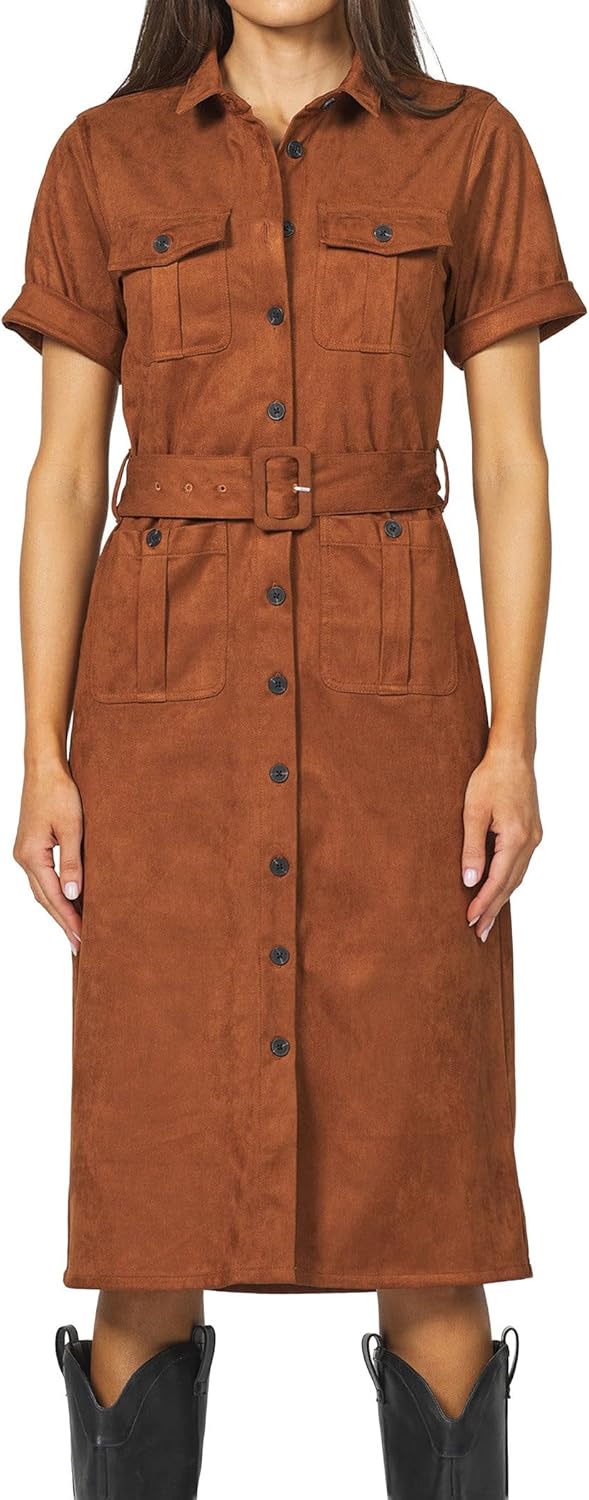 DEAR JOHN Raquel Dress Midi Length Classic Fit Button Front Collared Short Sleeve Self Belted