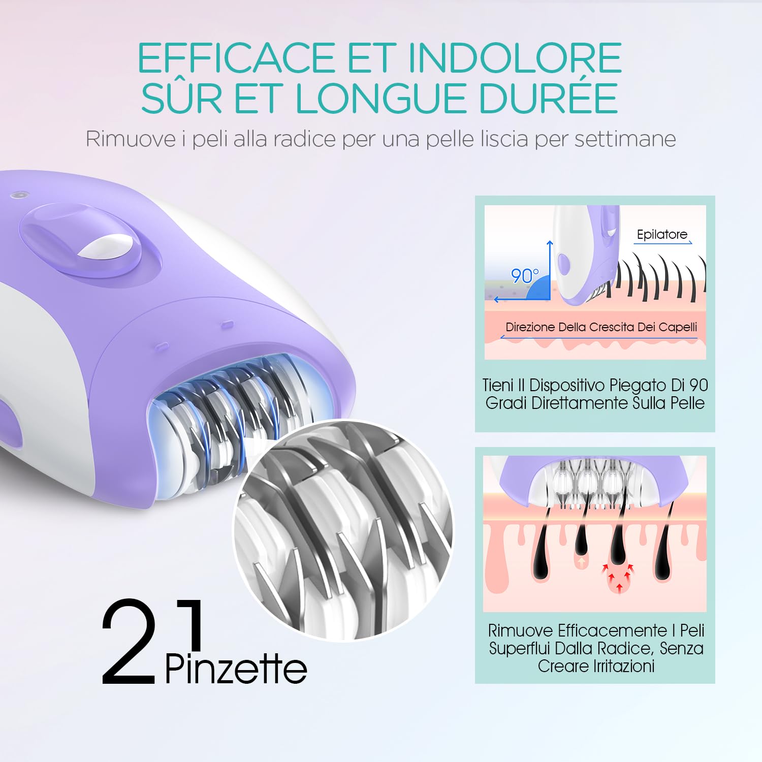 VOGOE Epilatore per Donne, Epilatori 4 in 1 Depilazione con 2 Velocità, Epilatore Cordless Ricaricabile a Rasoio, 21 Pinzette Coperte, Depilatore Elettrico per Viso Gambe Braccia Ascelle Bikini, Viola