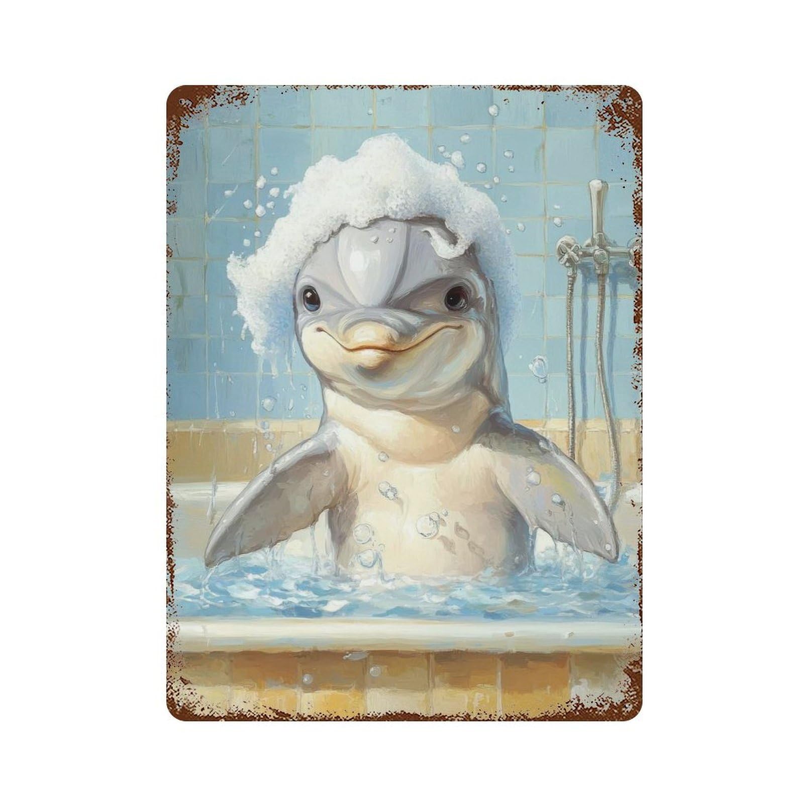 Rust Effect Dolphin in A Bathtub Rusty Metal Tin Sign 15.7"x11.8", Industrial Home Decor for Living Room, Hallway And Home Decor