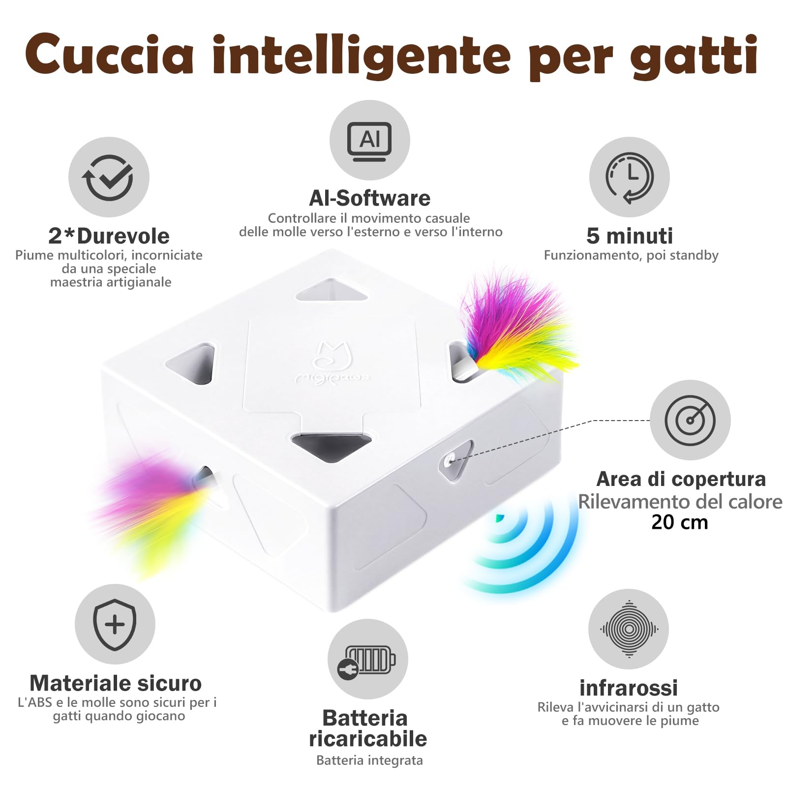 Migipaws Giocattolo per gatti, giocattolo interattivo automatico con 7 fori a forma di topolino, giocattolo stimolante e divertentissimo per gatti che vivono in casa, ricaricabile tramite USB