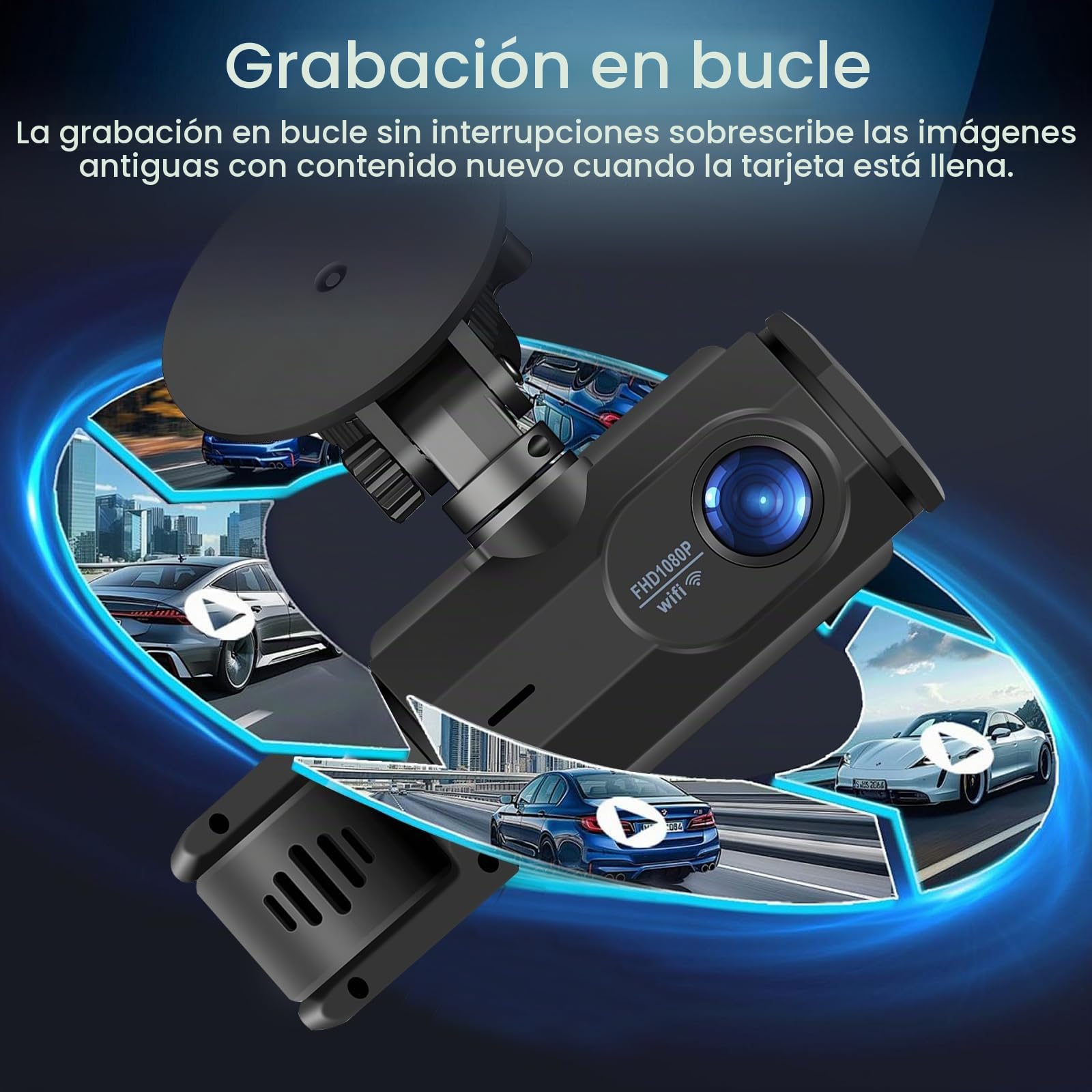 Dashcam Cámara Coche WiFi 3 Canales – Grabación Frontal, Interior y Trasera, Full HD 1080P, Visión Nocturna, Detección de Movimiento, Pantalla IPS 2”