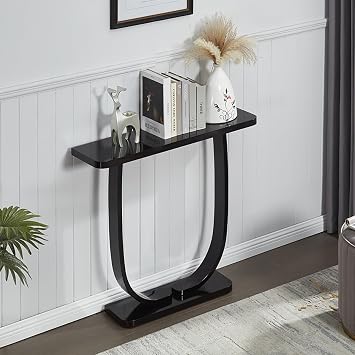 Solid Wood Frame Sofa Table, Narrow Console Table, Rounded Corners Couch Tables, Couch Sofa Tables with Stable Base for Entrance, Hallway, Living RoomBlack,110x23x80cm