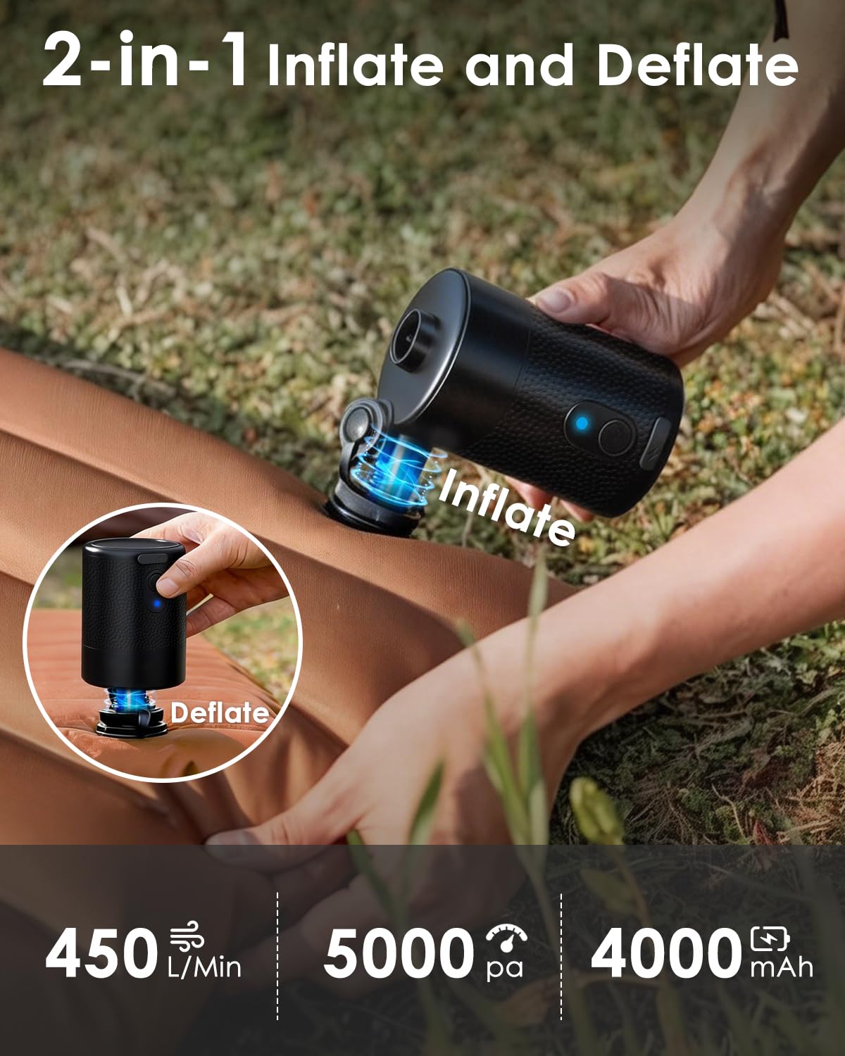 Mojimdo 2 en 1 Mini Bomba De Aire Eléctrica Batería 4000 mAh – Portátil, 5000 Pa, 450 L/Min, Inflar Y Aspirar, 4 Boquillas para Colchón Inflable, Bote Hinchable, Camping, Piscina Y Bolsas De Vacío