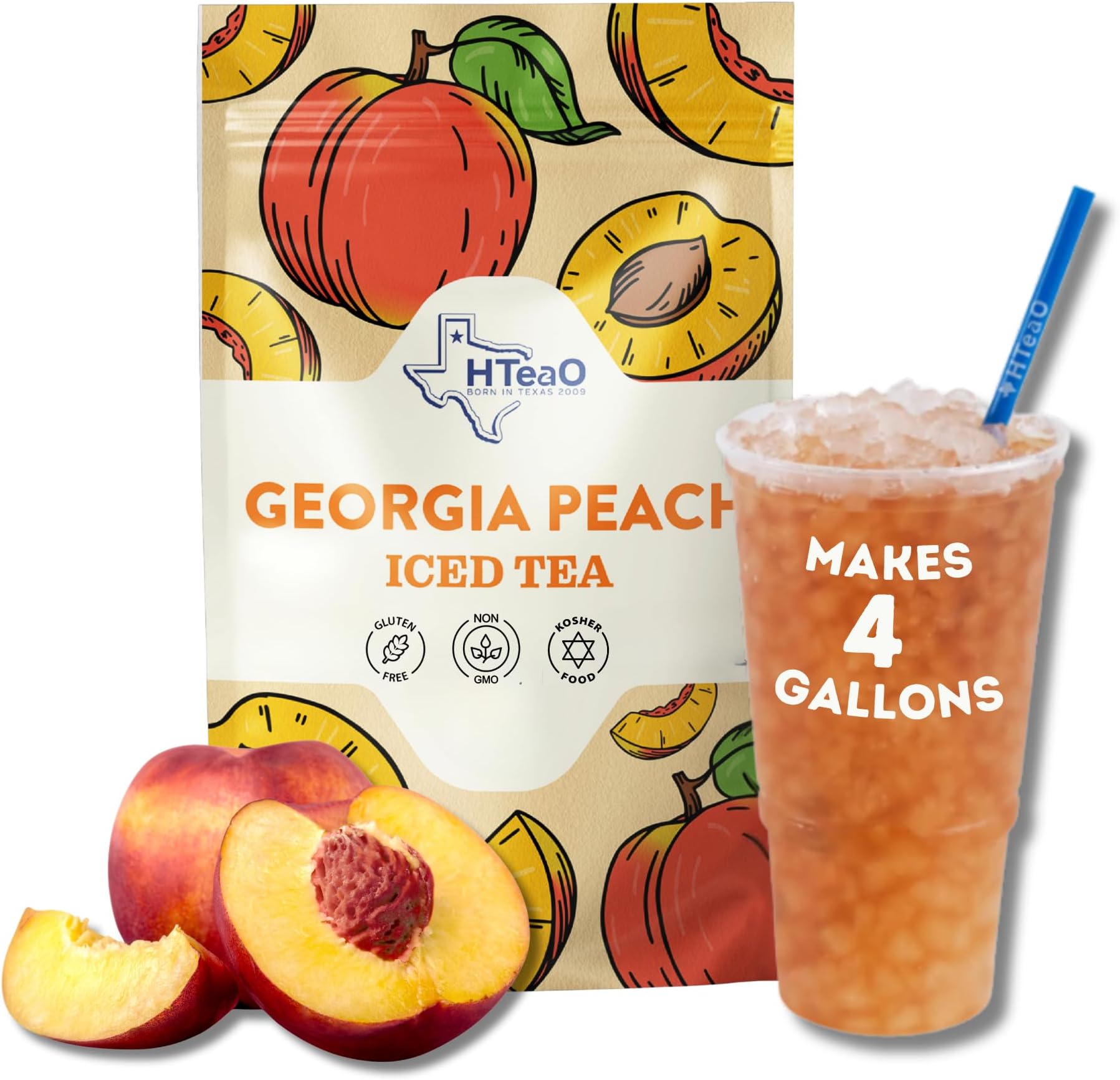 HTeaO Georgia Peach & Hibiscus Black Tea Packets – Makes 4 Gallons of Naturally Sweet Tea in 5 Minutes – Large Tea Sachets for Parties, Family Gatherings, & Groups – Texas-Style Iced Tea Packets for Quick Brew (8-Count)