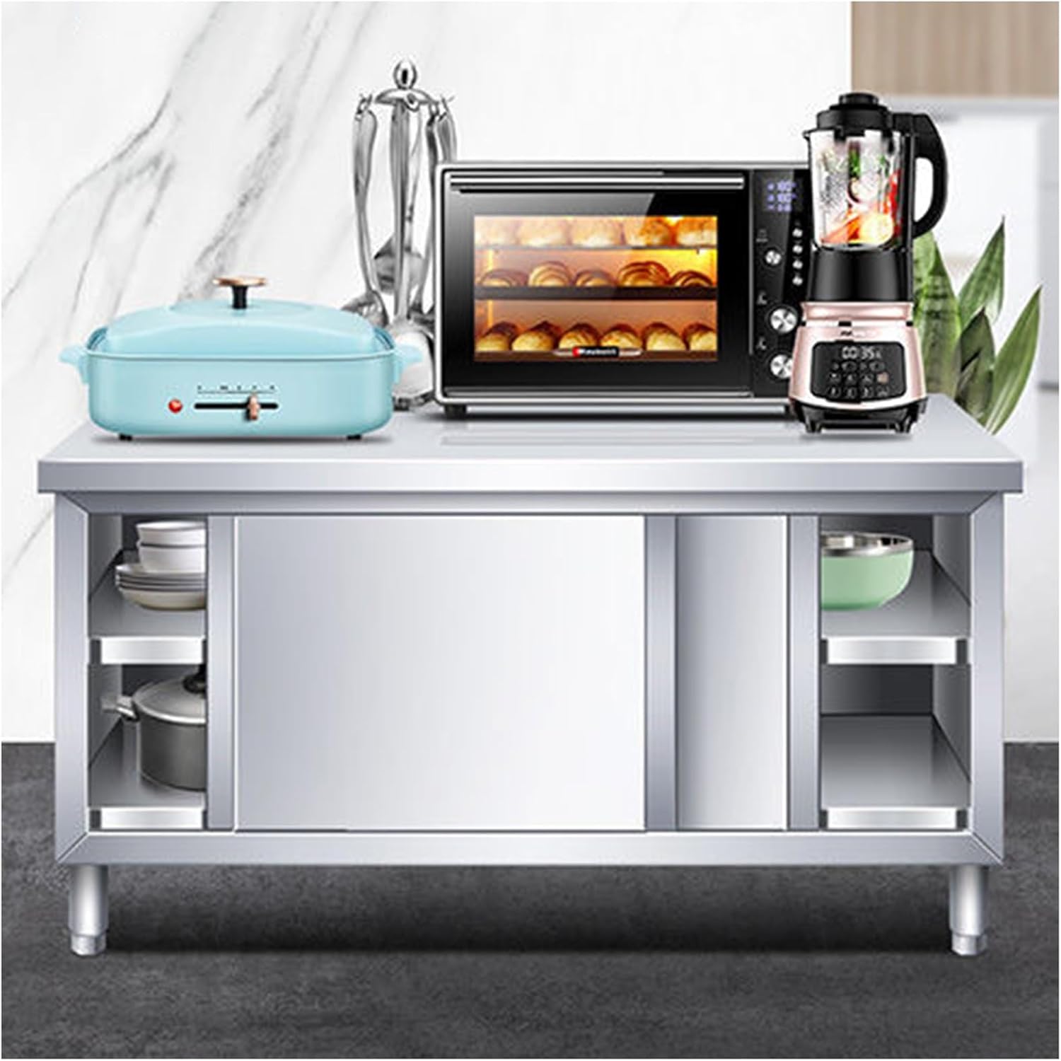 Sliding Door Workbench Commercial Stainless Steel Prep Table Large Space Storage Cabinet Kitchen Chopping Board Metal Table with Adjustable Legs