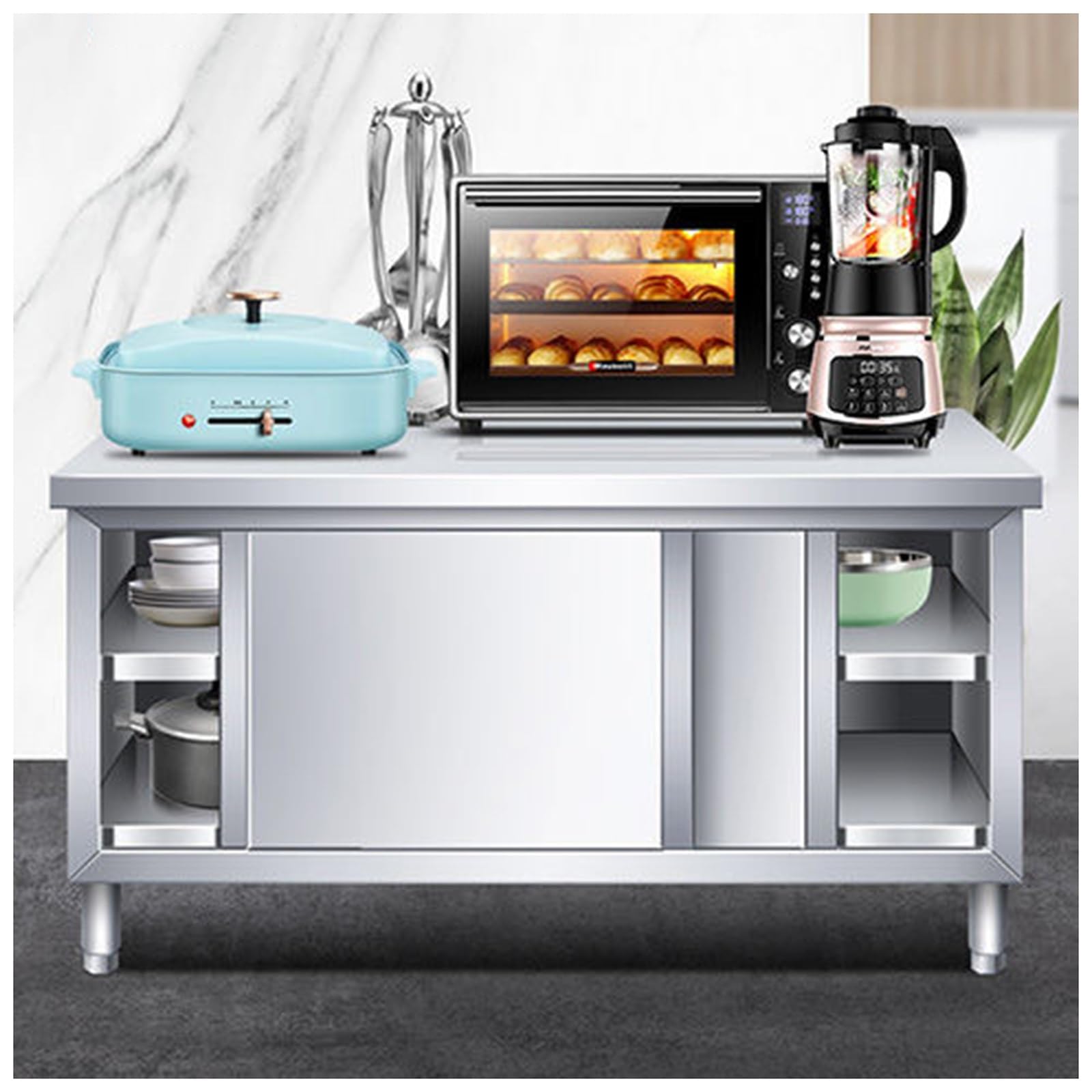 Îlot de cuisine en acier inoxydable 80x50x80 cm avec portes coulissantes et meuble rangement