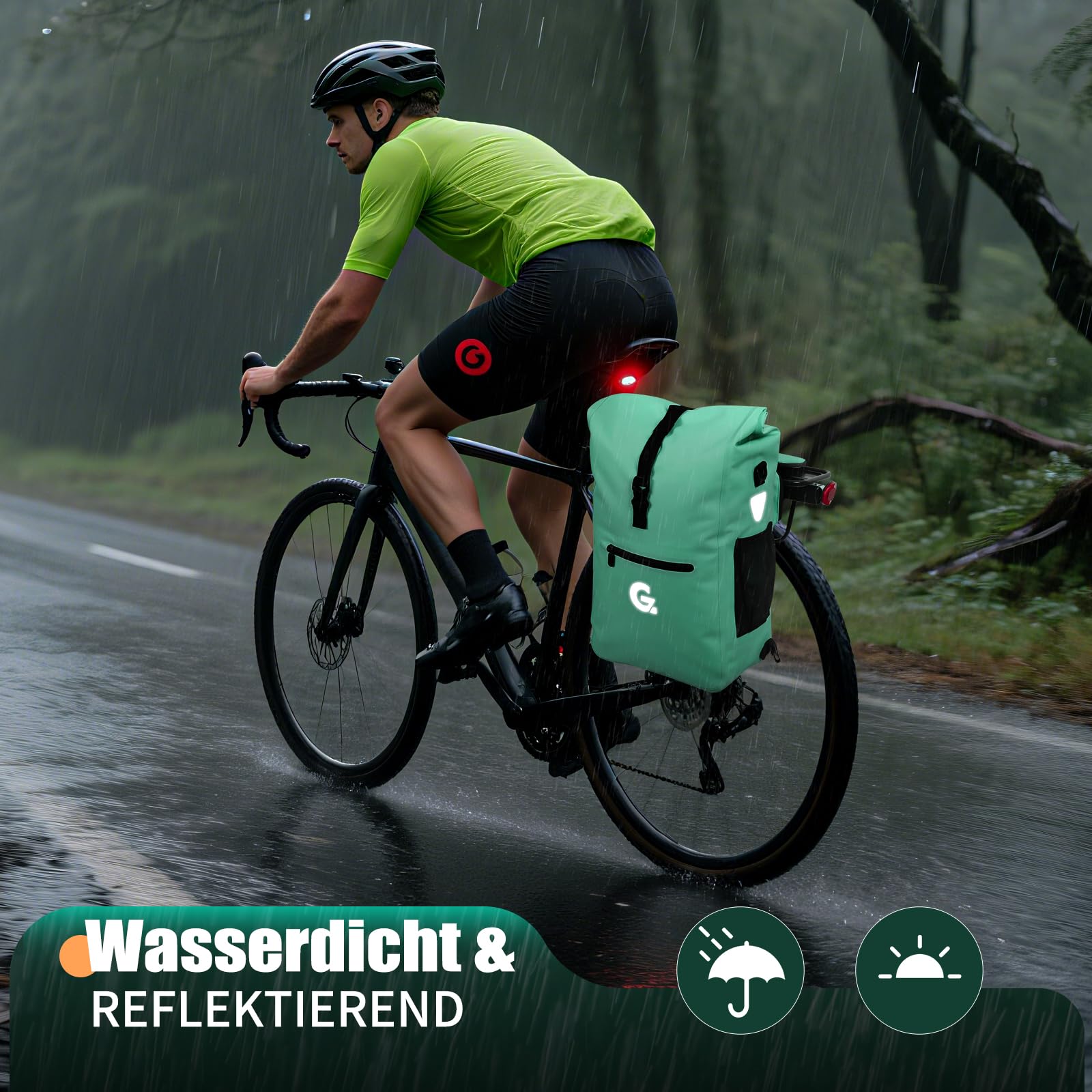 GUOOTU 3in1 Fahrradtasche für Gepäckträger,Fahrradtasche Rucksack 28L,Gepäckträgertasche, wasserdichte & Reflektierende Fahrradtasche - Mit 15.6" Laptopfach (Grün)