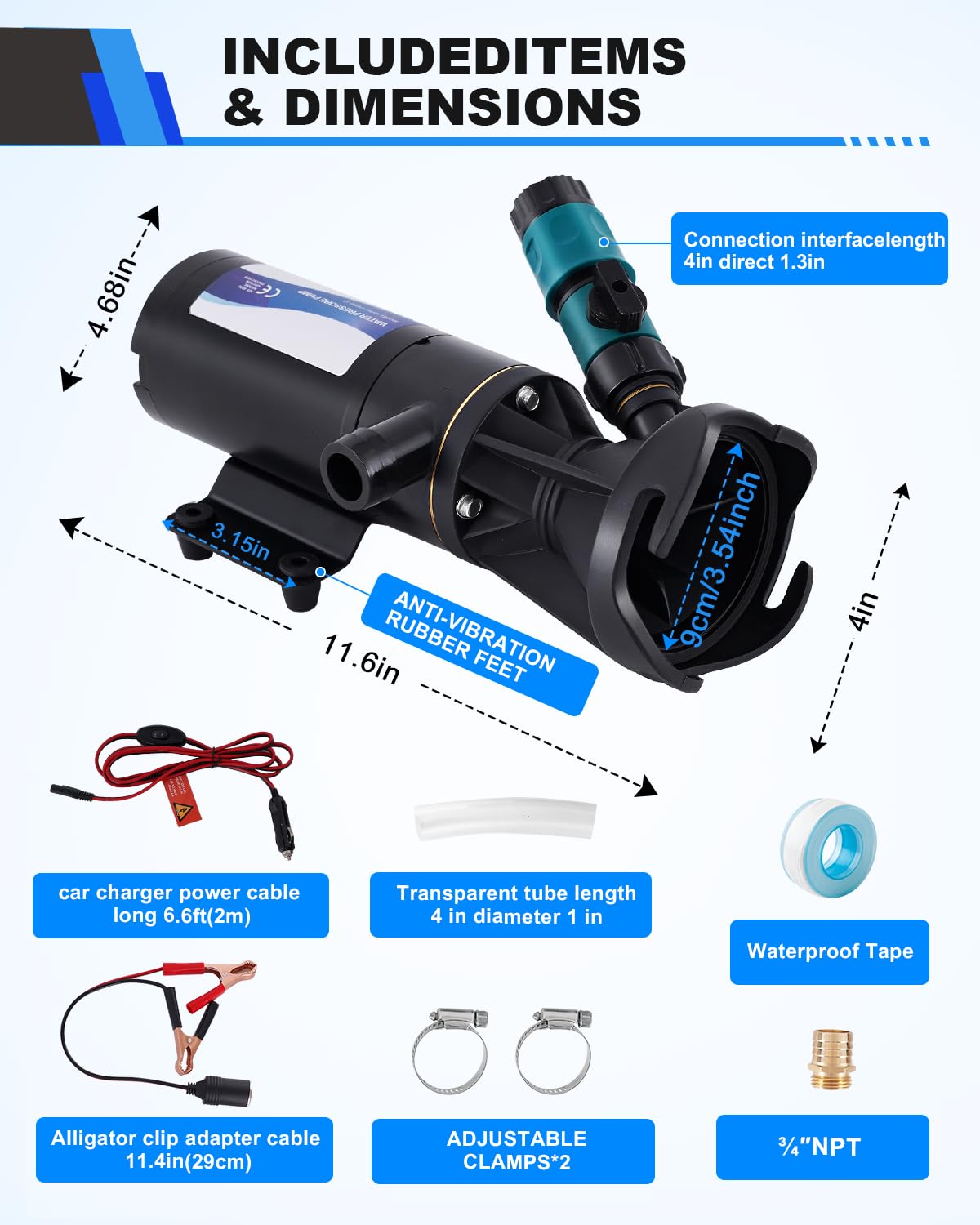 YUCHENGTECH Pompa Maceratore Camper 12V DC 12GPM Pompe per Acque Reflue Autoadescanti Aspirazione 3,2 piedi Sollevamento 10 piedi Pompa Portatile per Acque Reflue per Camper Roulotte Barche
