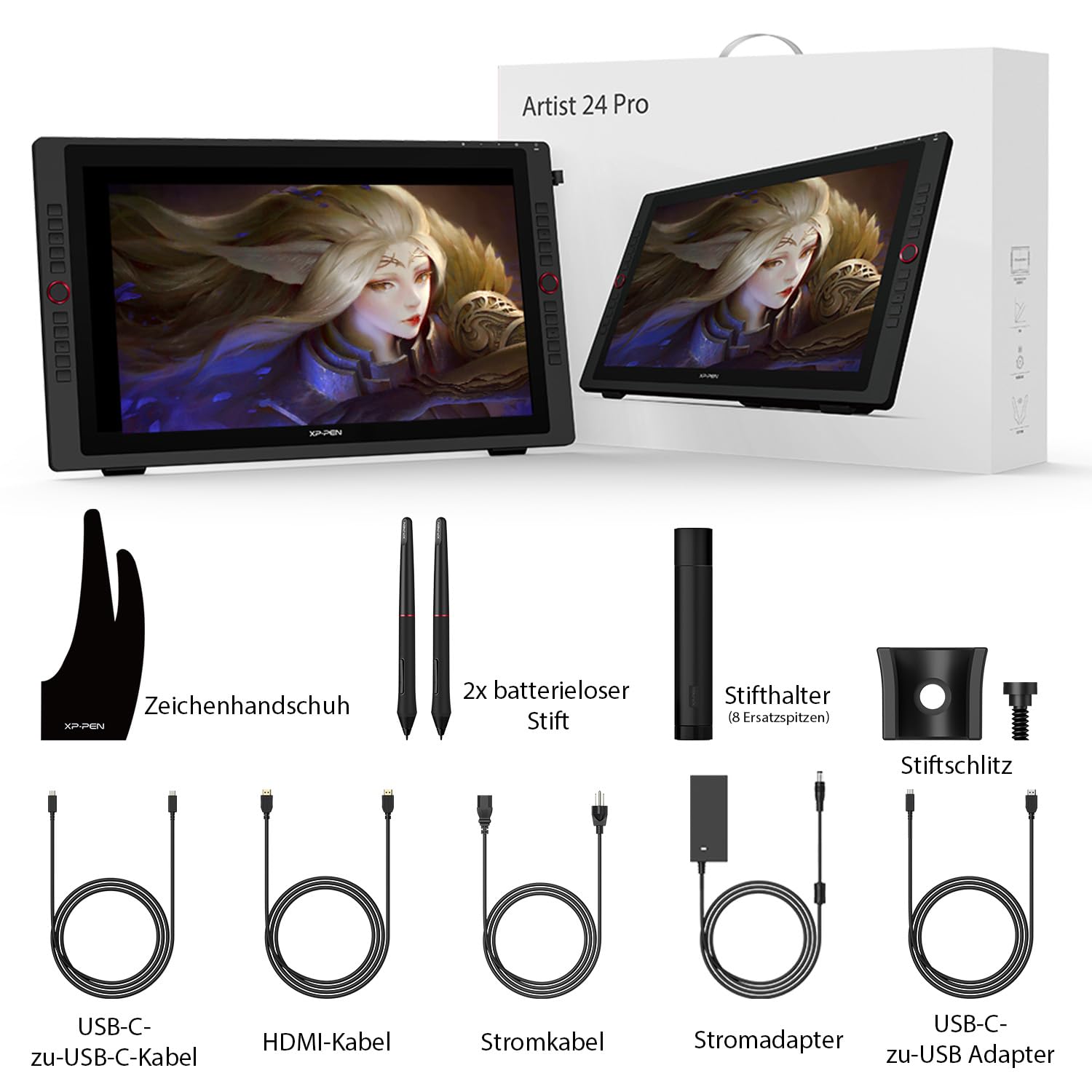 XP-Pen Artist 24 Pro Grafik-Tablet mit Display 2K QHD in 23,8 Zoll (63,8 cm), passiver Eingabestift, 8192 Ebenen, USB-C-Anschluss, kompatibel mit Windows/Mac/Android