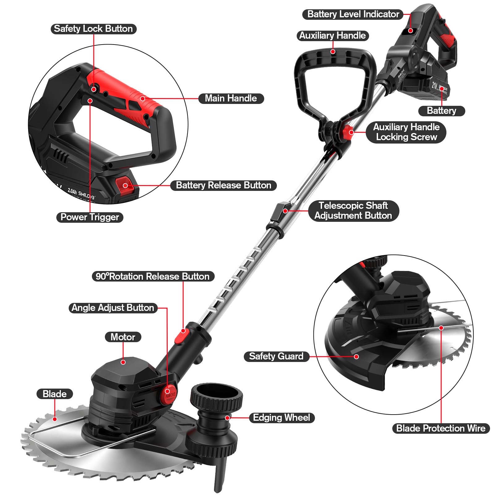 Cordless Strimmer with 2x2.0Ah Batteries, 750W Grass Trimmer and Cordless Brush Cutter with Wheels, 24000RPM Electric Weed Trimmer with Metal Blades, Lightweight Telescopic Strimmer — view 9