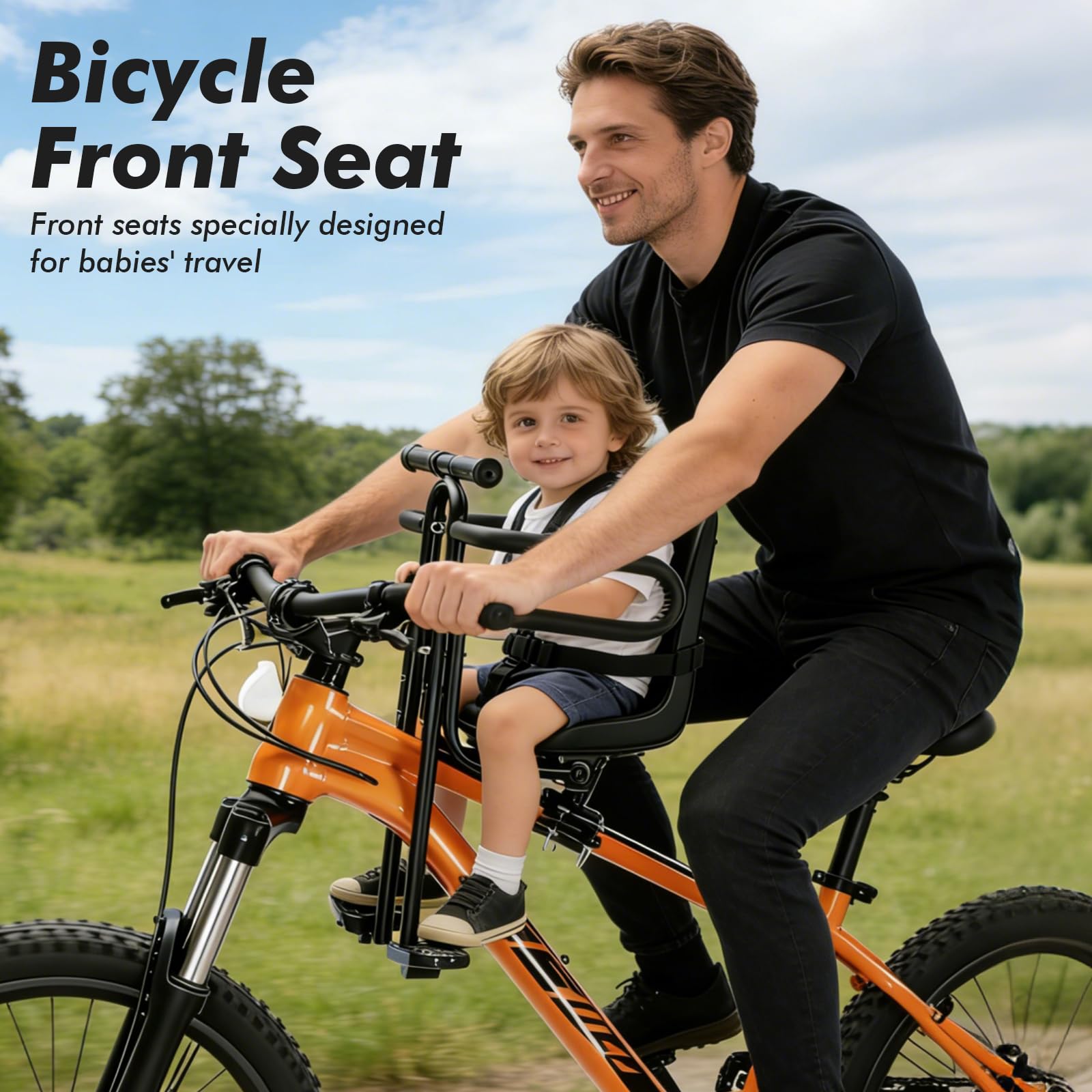 Siège Enfant Vélo Avant pour VTT, Siège Vélo Enfant Avant avec Accoudoirs & Repose-Pieds – Porte-bébé Vélo pour Adulte (2-6 Ans, 30kg) – Arceau de Sécurité & Sangles Réglables