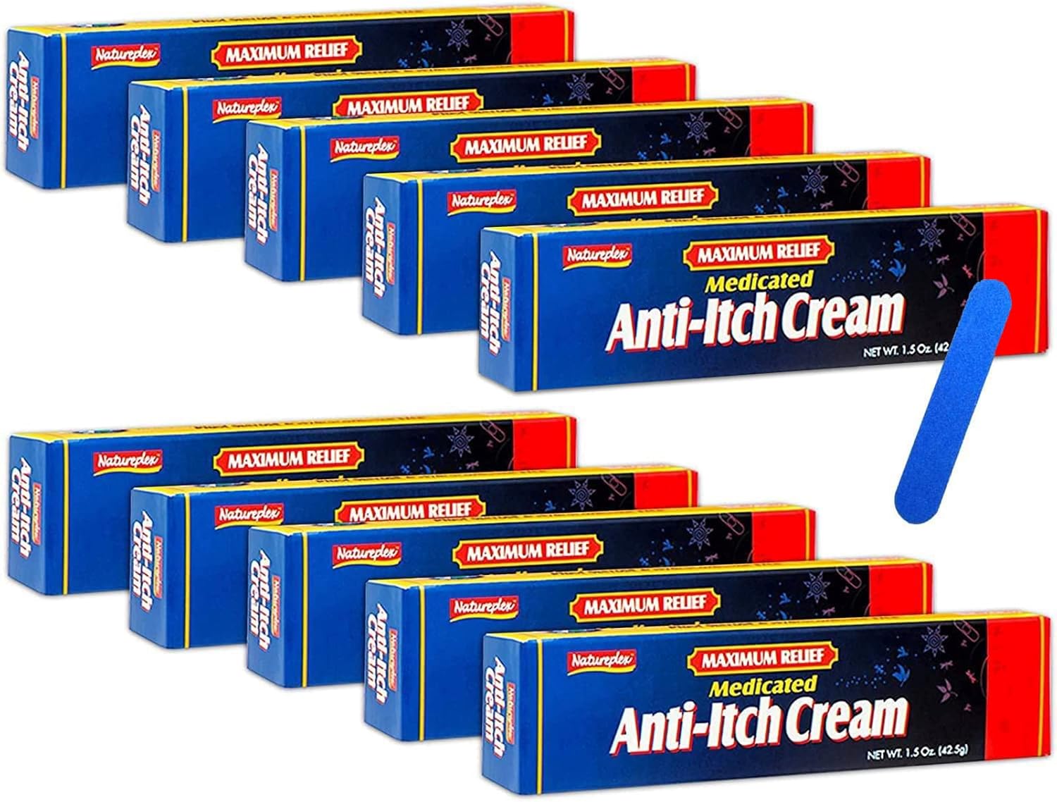 Natureplex 10-Pack Medicated Anti-Itch Cream 1.5oz Tubes + Bonus Double-Sided Nail Filer - Fast Itch Relief Bundle