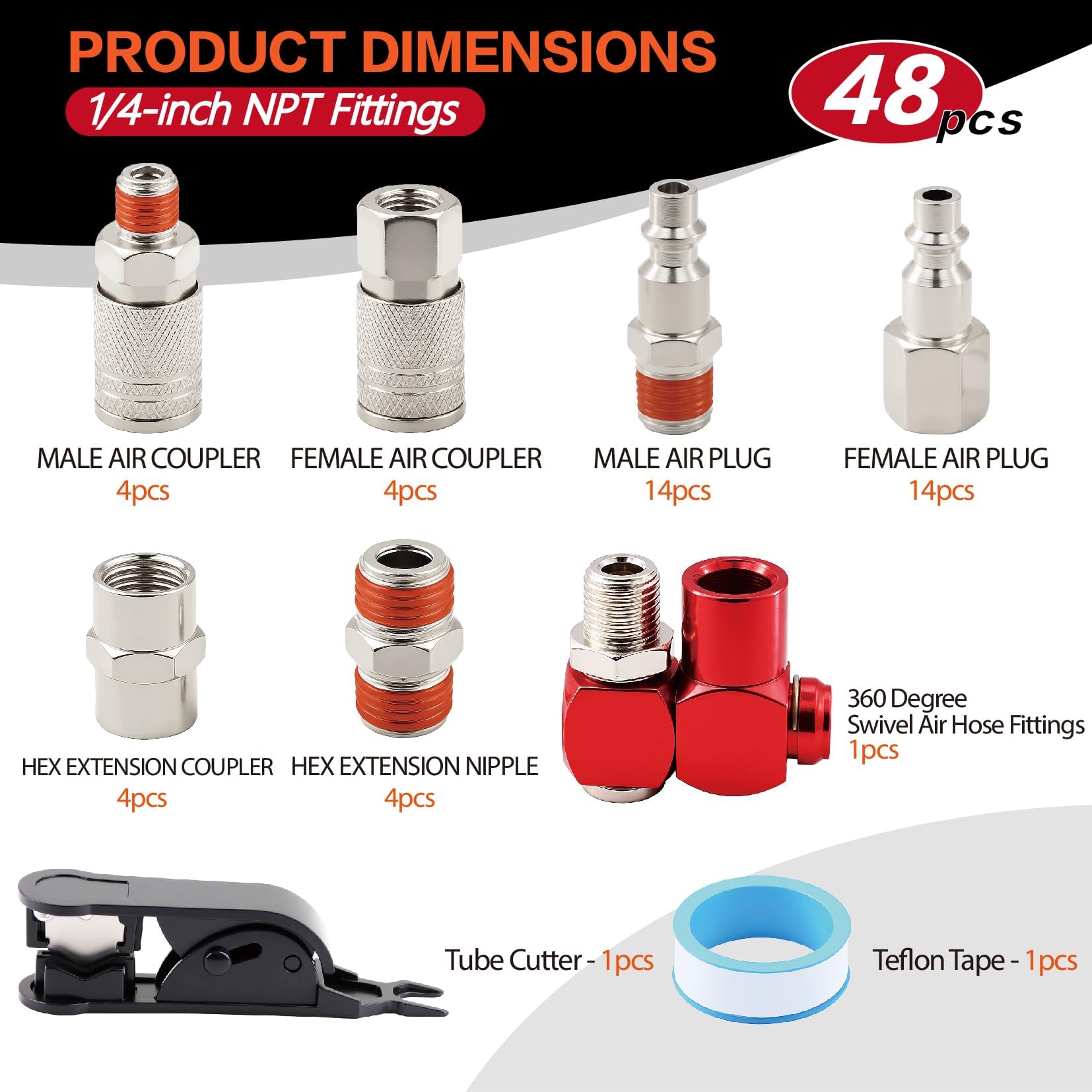 Kit de accesorios de aire universales NPT de conexión rápida de 48 piezas de 1/4 pulgadas | Niquelado con giro de 360° y sellador preaplicado | Incluye 14 enchufes, 4 acopladores y adaptadores para