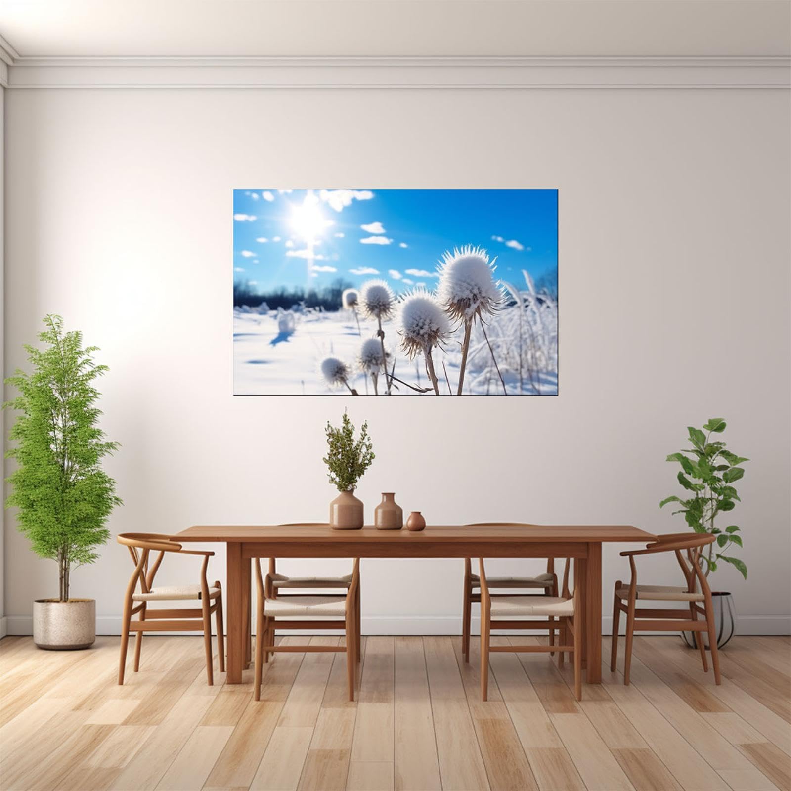 JOSUE Nieve De Invierno Cuadros Y LáMinas Lienzo,sol cielo nieve plantas Azul blanco Cuadro Cartel Sala De Estar Cuarto De BañO Comedor-50x70cm Enmarcado