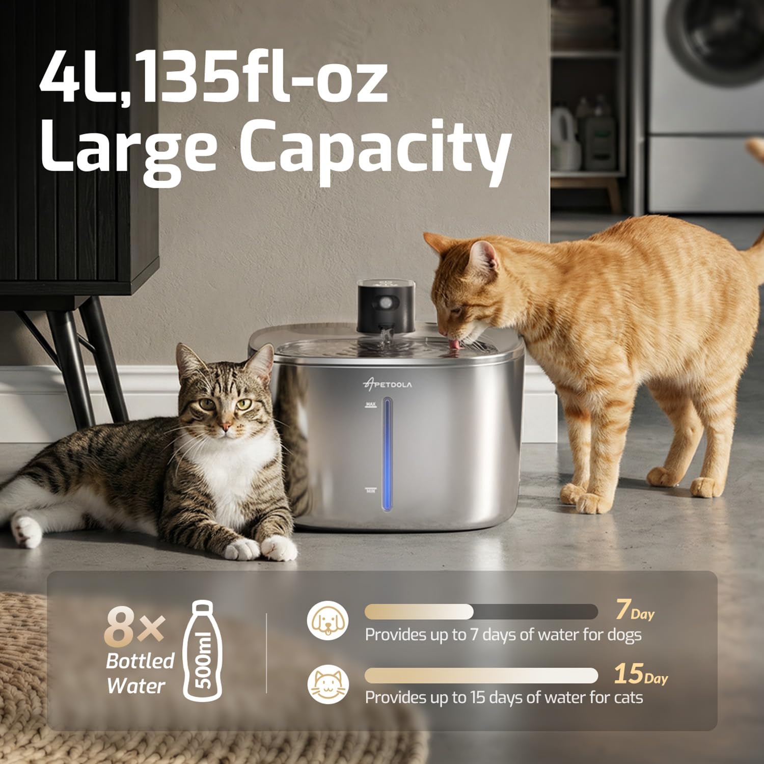 Fuente de agua para gatos de acero inoxidable, 4,5 L, inalámbrica, para mascotas, cuenco de agua automático para gatos y perros con sensor de movimiento, fuente de agua filtrada