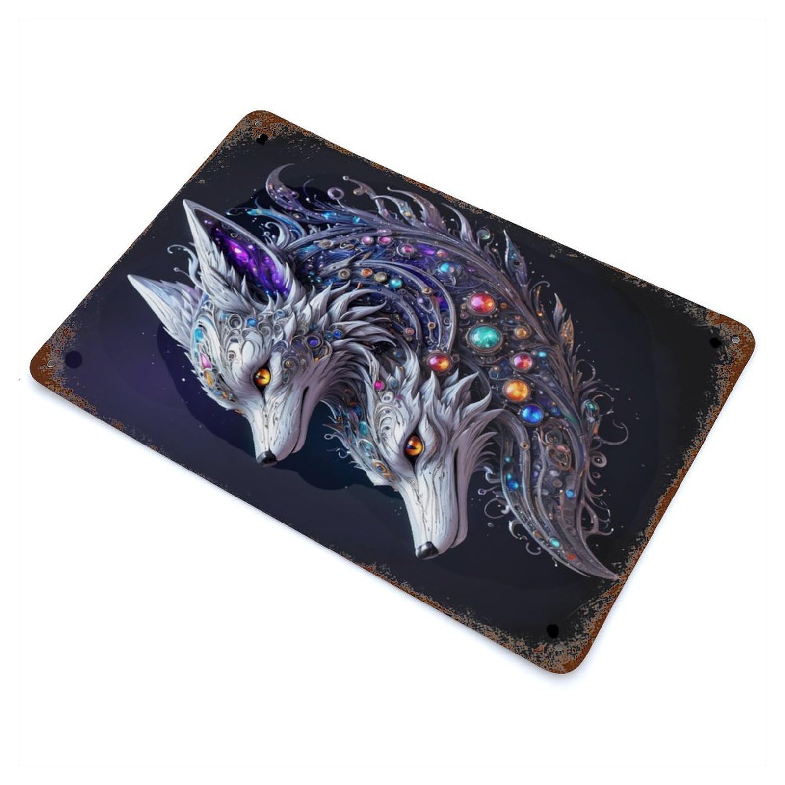 Silver Dual Fox Decorative Tin Sign 11.8"x7.9", for Bistro, Counter And Cafe Decor, Classic Wall Plaque