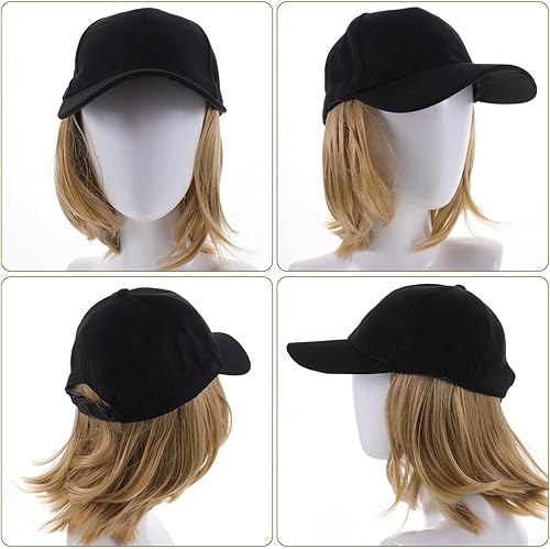 Miniatura 9 de Lurrose Gorra de béisbol con extensiones de cabello, peluca corta y recta, peluca sintética adjunta, peluca de fijación rápida para mujer, Amarillo