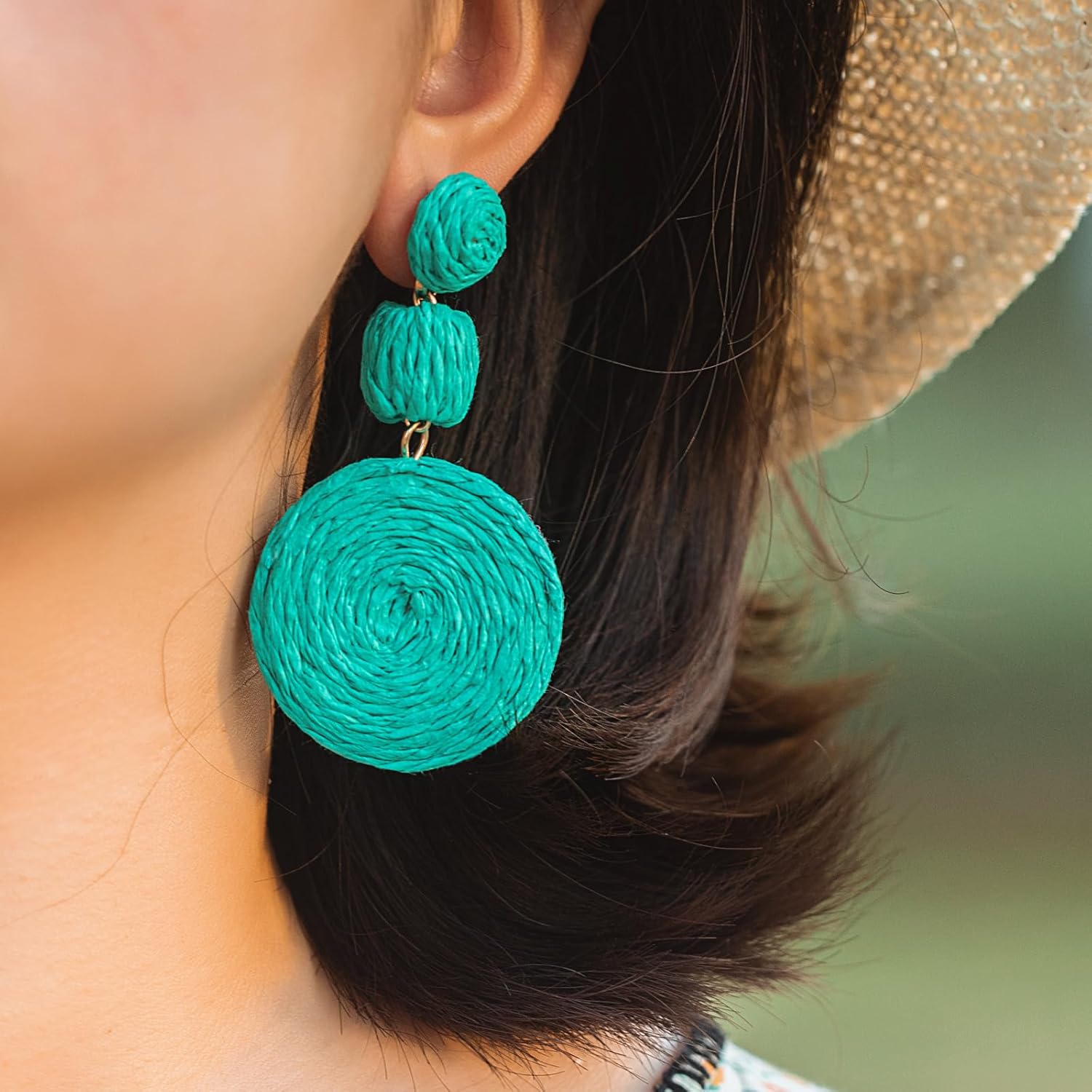 Statement Raffia Boho Round Dangle Ball Earrings - Cute Handmade Summer Bohemian Dangling Jewelry for Women - Image 6
