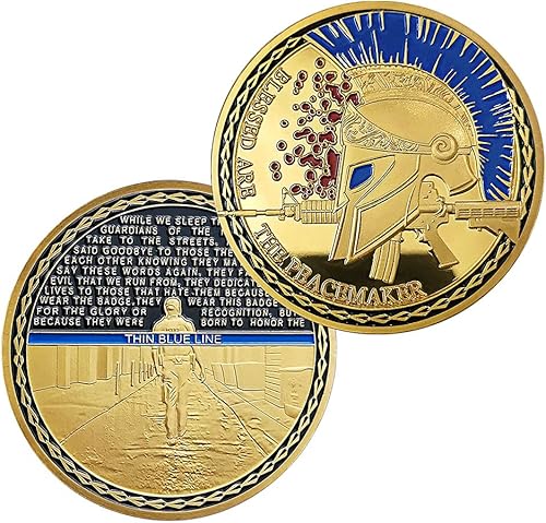 Miniatura 8 de Moneda de desafío de la policía de EE. UU. Monedas de oración de línea azul fina para guerrero espartano Gracias por su servicio Regalo de