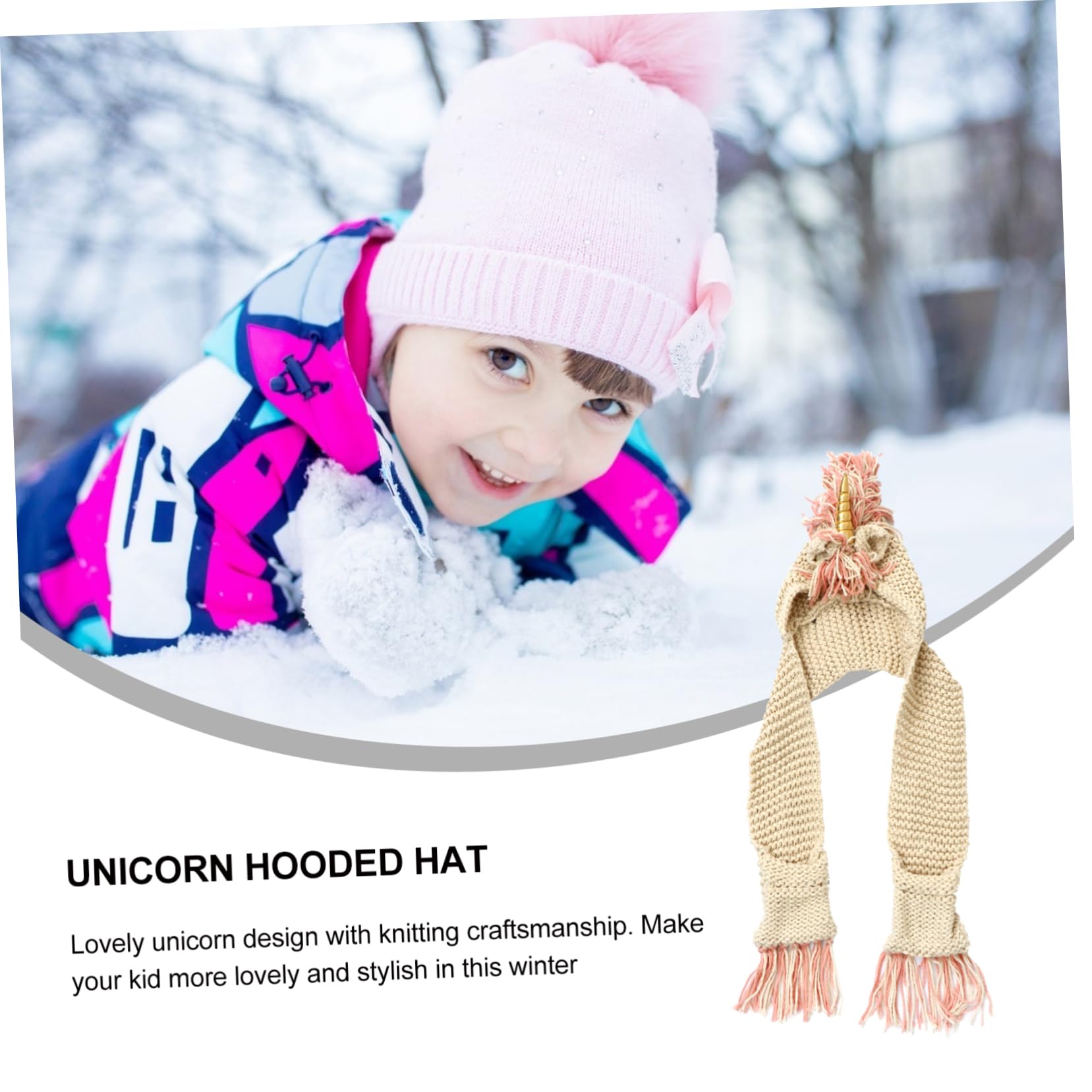 VALICLUD Gehäkelte Einhornmütze für Kinder mit Schal Goldene Acryl Strickmütze Hält Warm im Winter Lustige Kopfbedeckung Kinder