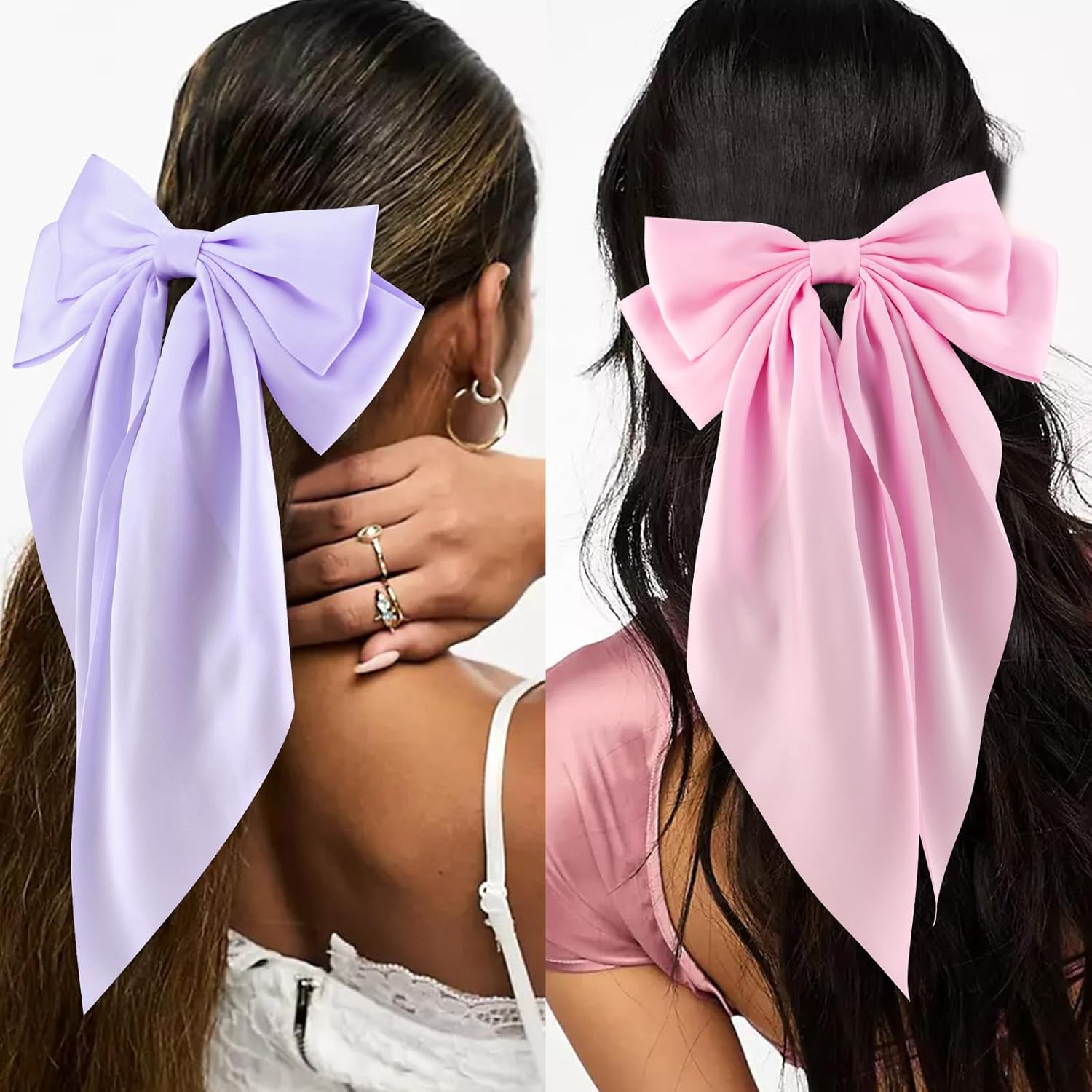 Velscrun Hair Bows for Women Girls 4Pcs Black Silky Hair Bow White Satin Large Coquette Bow Pink Big Hair Bows Clip Oversized Hair Ribbons Long Tail Purple Bow Hair Barrettes Hair Accessories Gifts - Image 3
