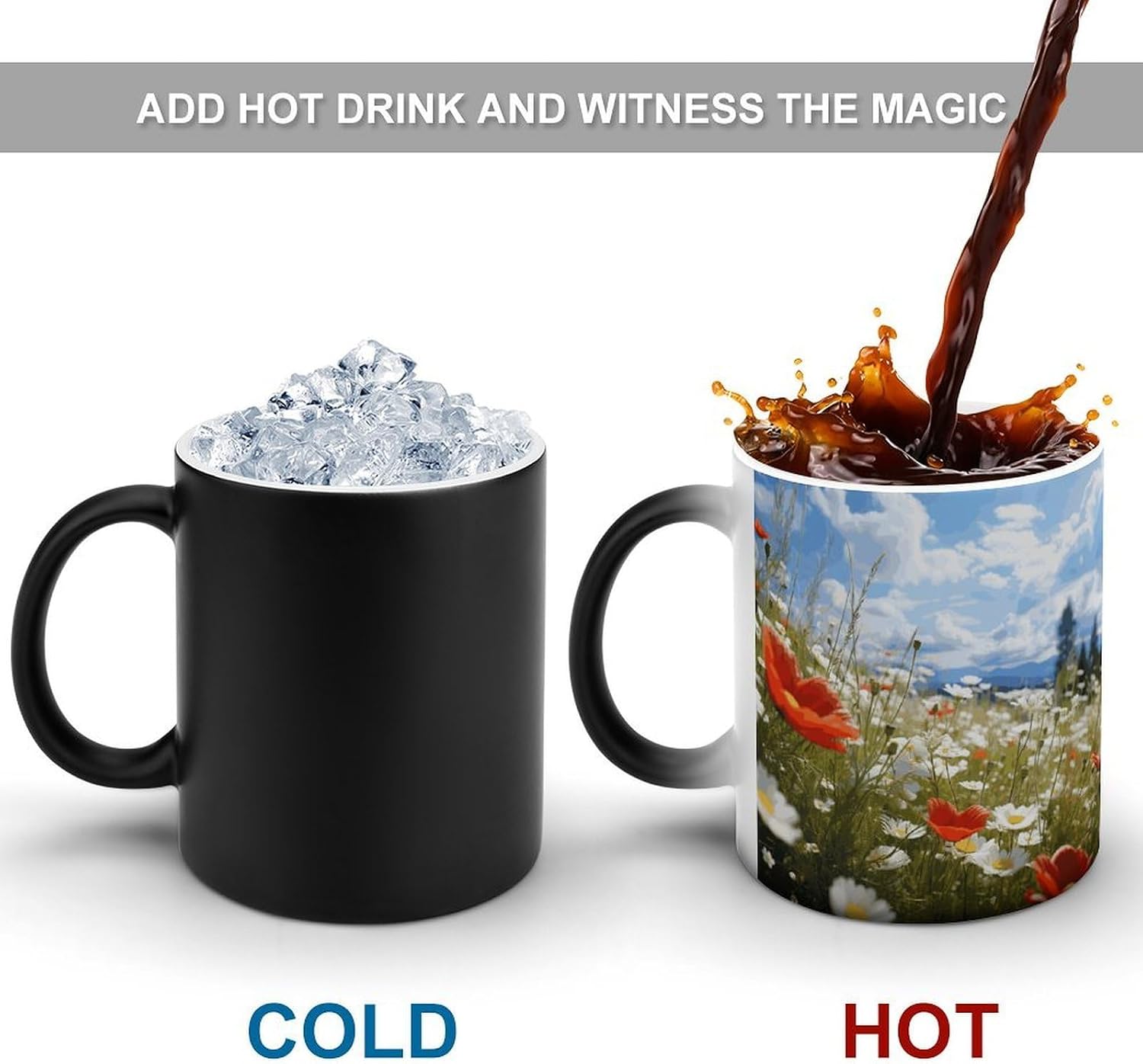 Meadow And Daisy Flowers Mug Personalized Ceramic Discoloration Coffee Mug Heat Sensitive Color Changing Cup Print Large Handle Design Daily Office And Home Use 12 OZ/350 ML image 4