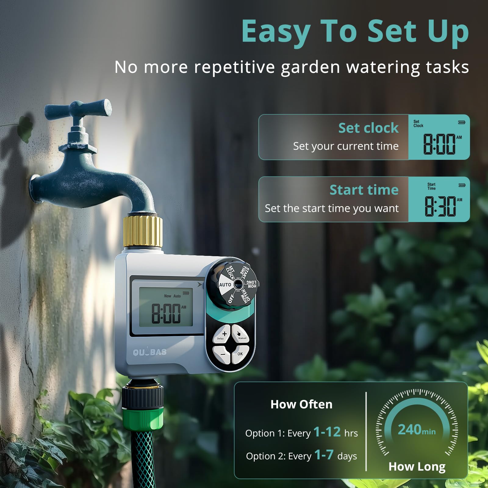 QUOBAS Irrigatore Timer per tubo da giardino, programmabile digitale in ottone con ritardo pioggia / automatico / manuale 3 modalità, piscina, prato, sistema di irrigazione a goccia, alimentato a