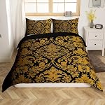 Feelyou Kids Adult Vintage Floral Bedding Set Queen Size，Black Duvet Cover Flower Gold Leaf Plant Pattern Comforter Cover Microfiber Bedspread Cover for Bedroom Decor,No Comforter